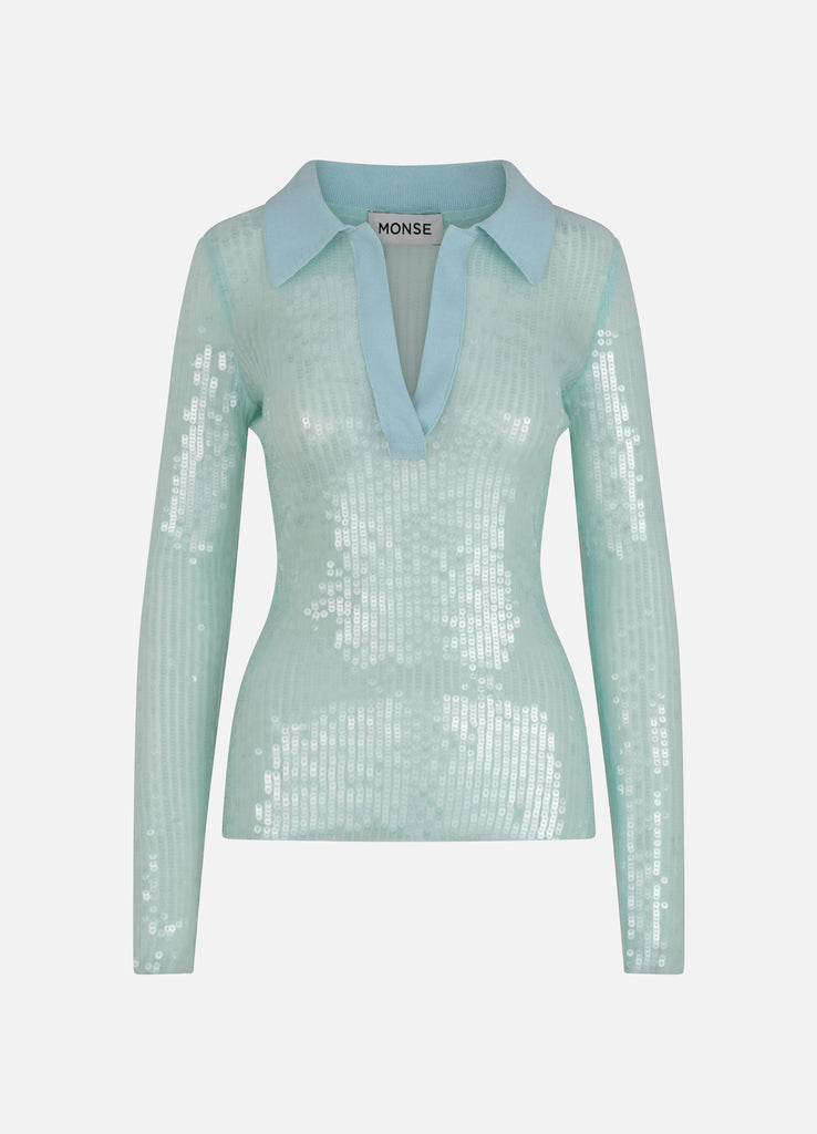 Knit Collar Sequin Polo in Seafoam