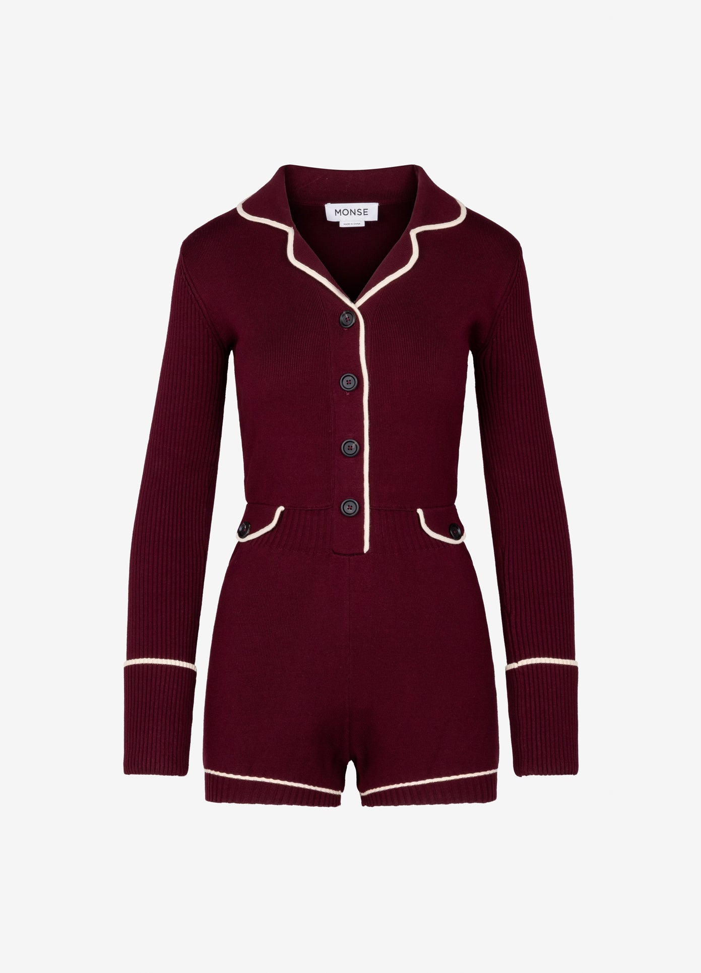 MONSE Knitted Pajama Romper in burgundy flat front