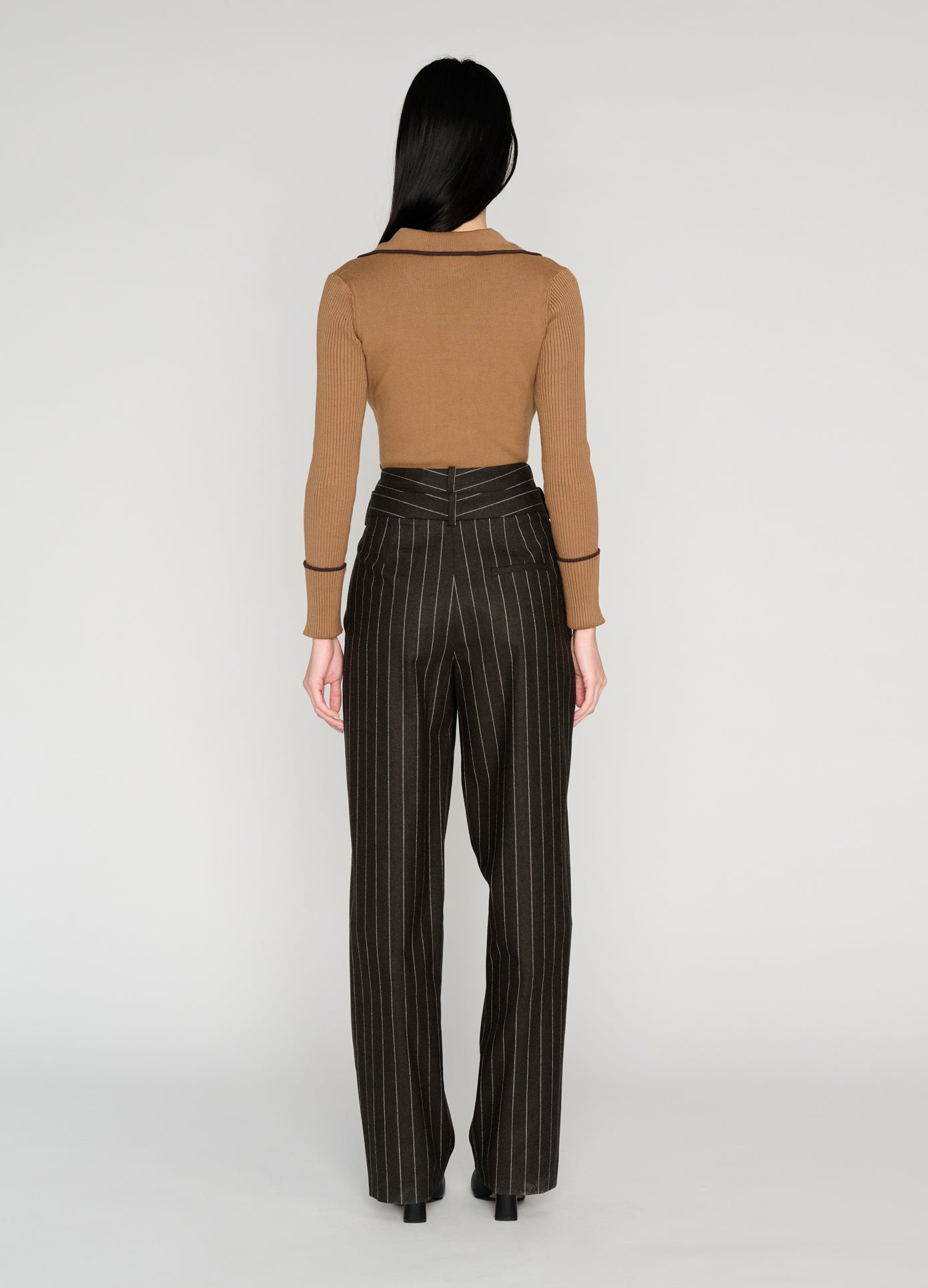 MONSE Knitted Pajama Top in khaki on model full back view