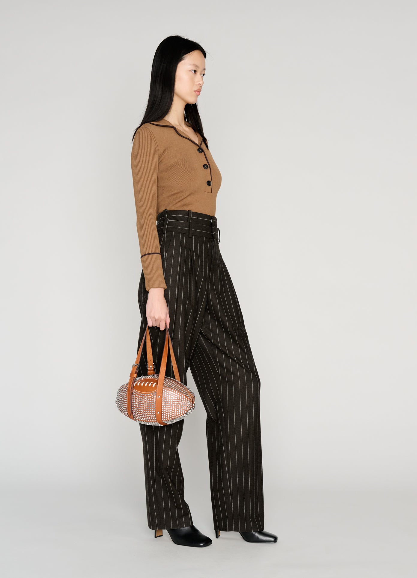 MONSE Knitted Pajama Top in khaki on model full side view