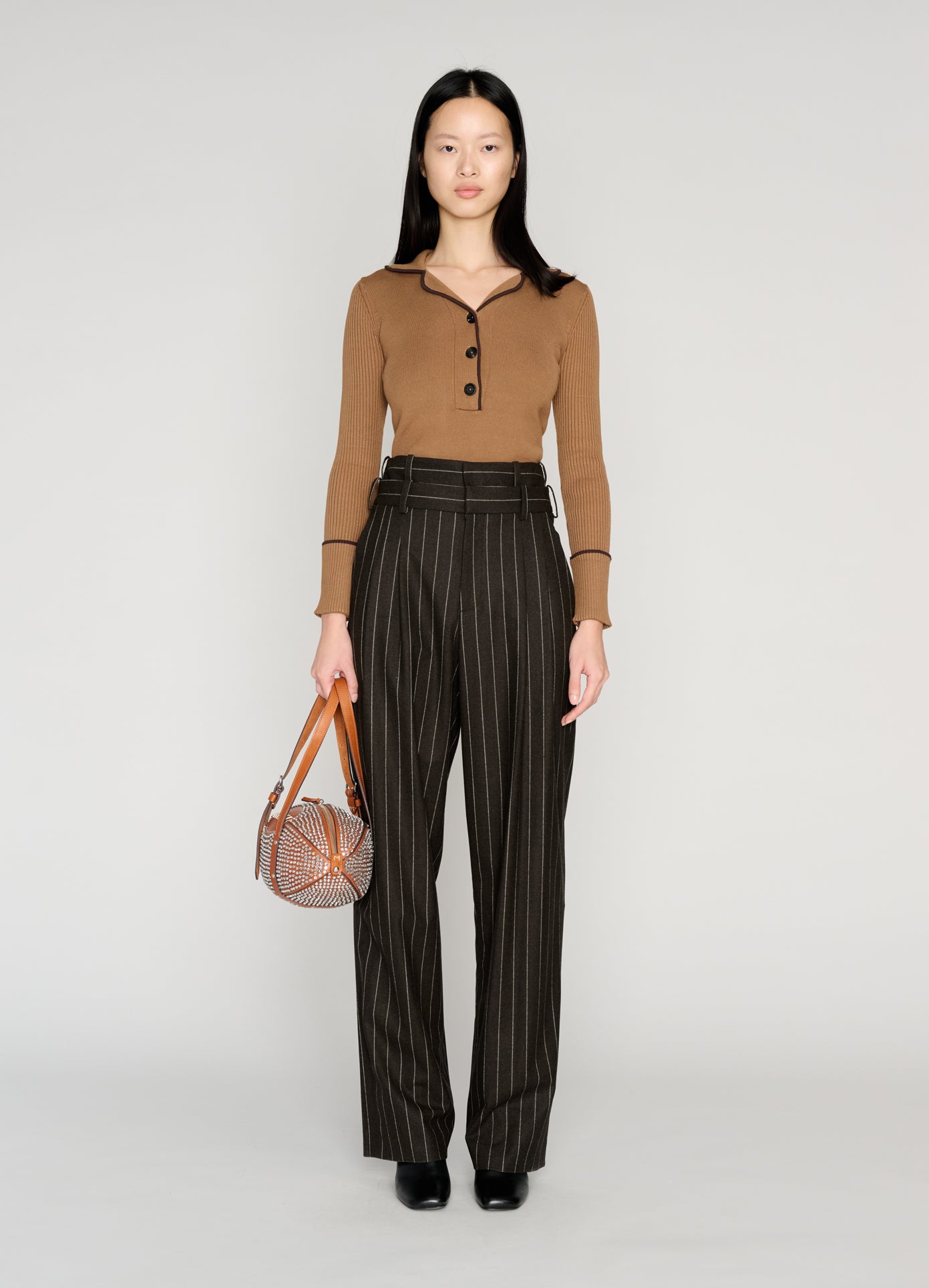 MONSE Knitted Pajama Top in khaki on model full front view