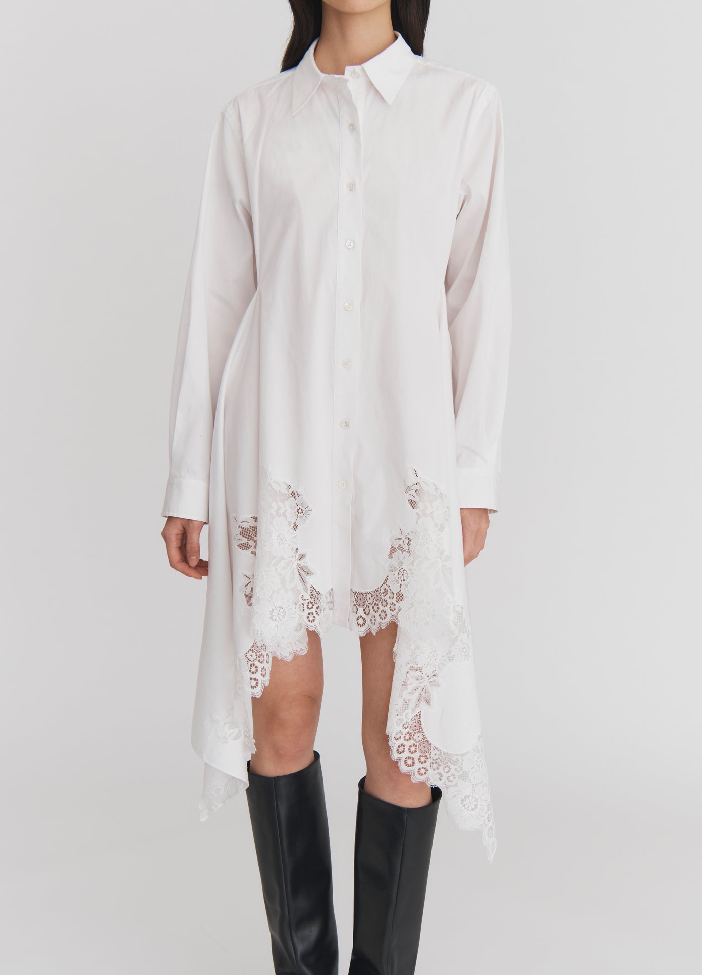 MONSE Lace Cascade Shirt in Ivory on model front view