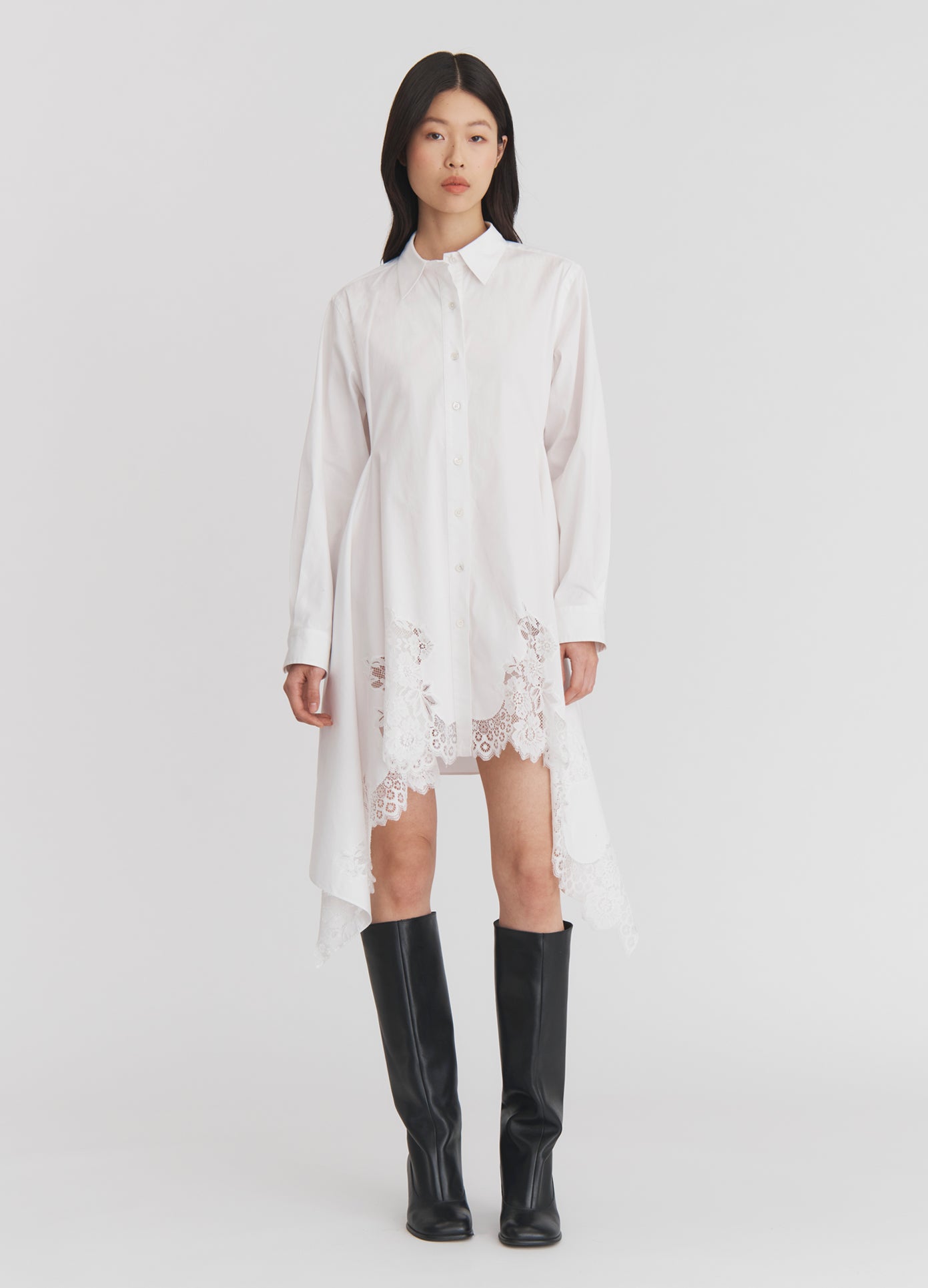 MONSE Lace Cascade Shirt in Ivory on model full front view