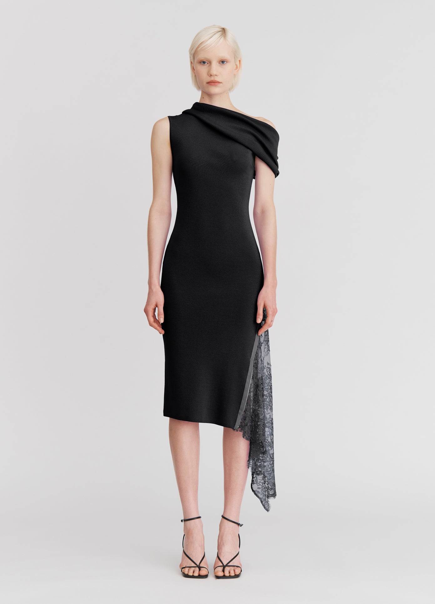 MONSE Lace Insert Knitted Dress in Black on model full front view