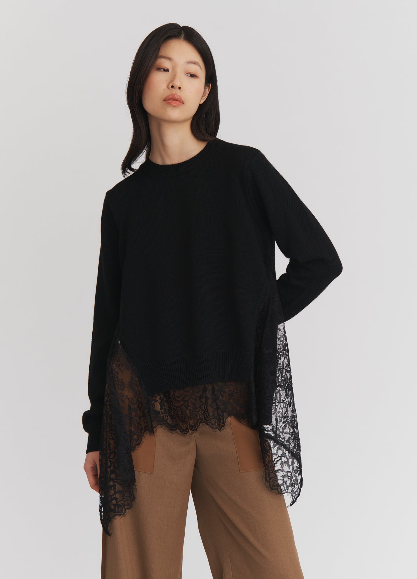 MONSE Lace Insert Sweater in Black on model front view