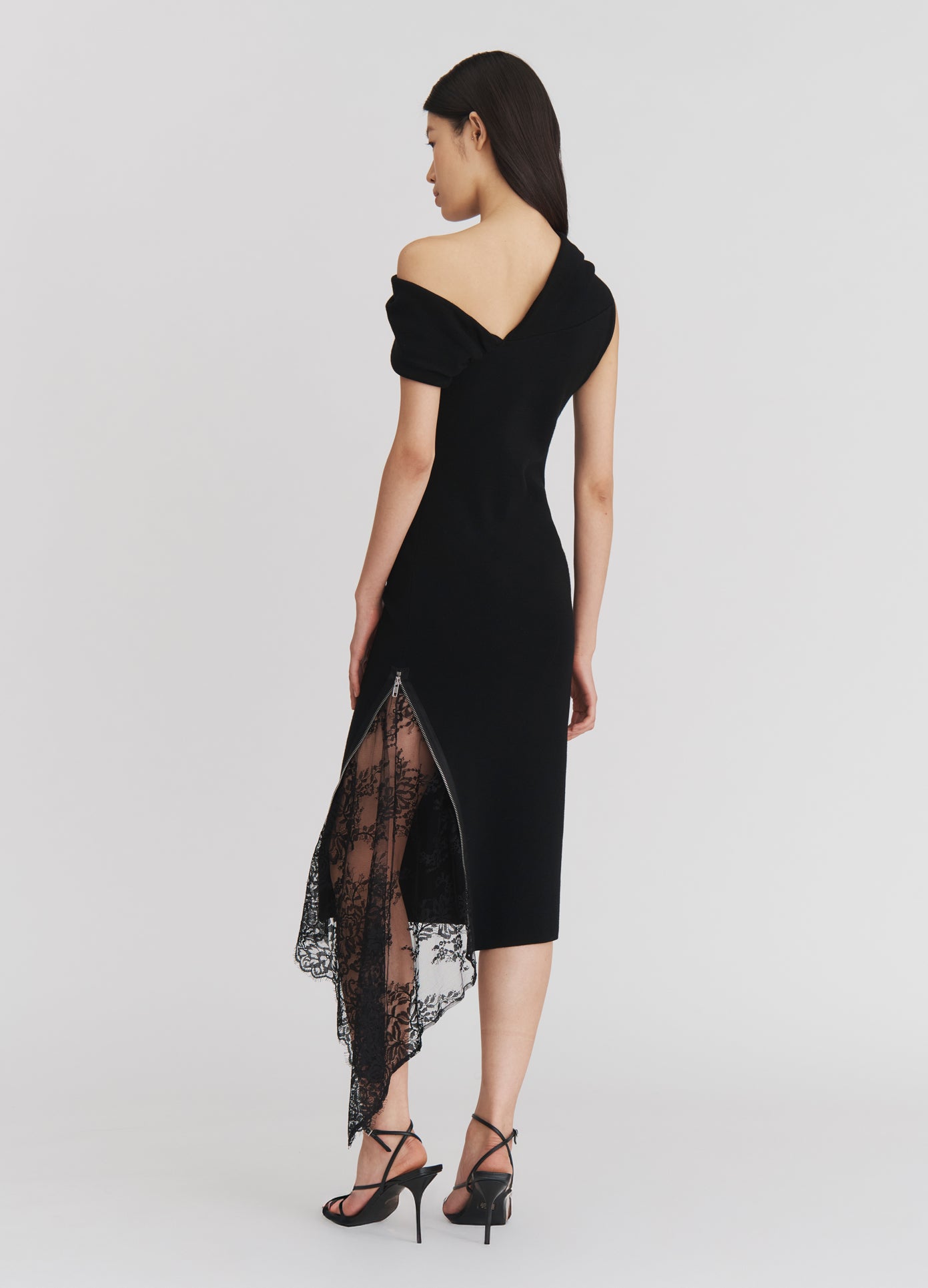 MONSE Lace Inserted Knitted Maxi Dress in Black on model full back view