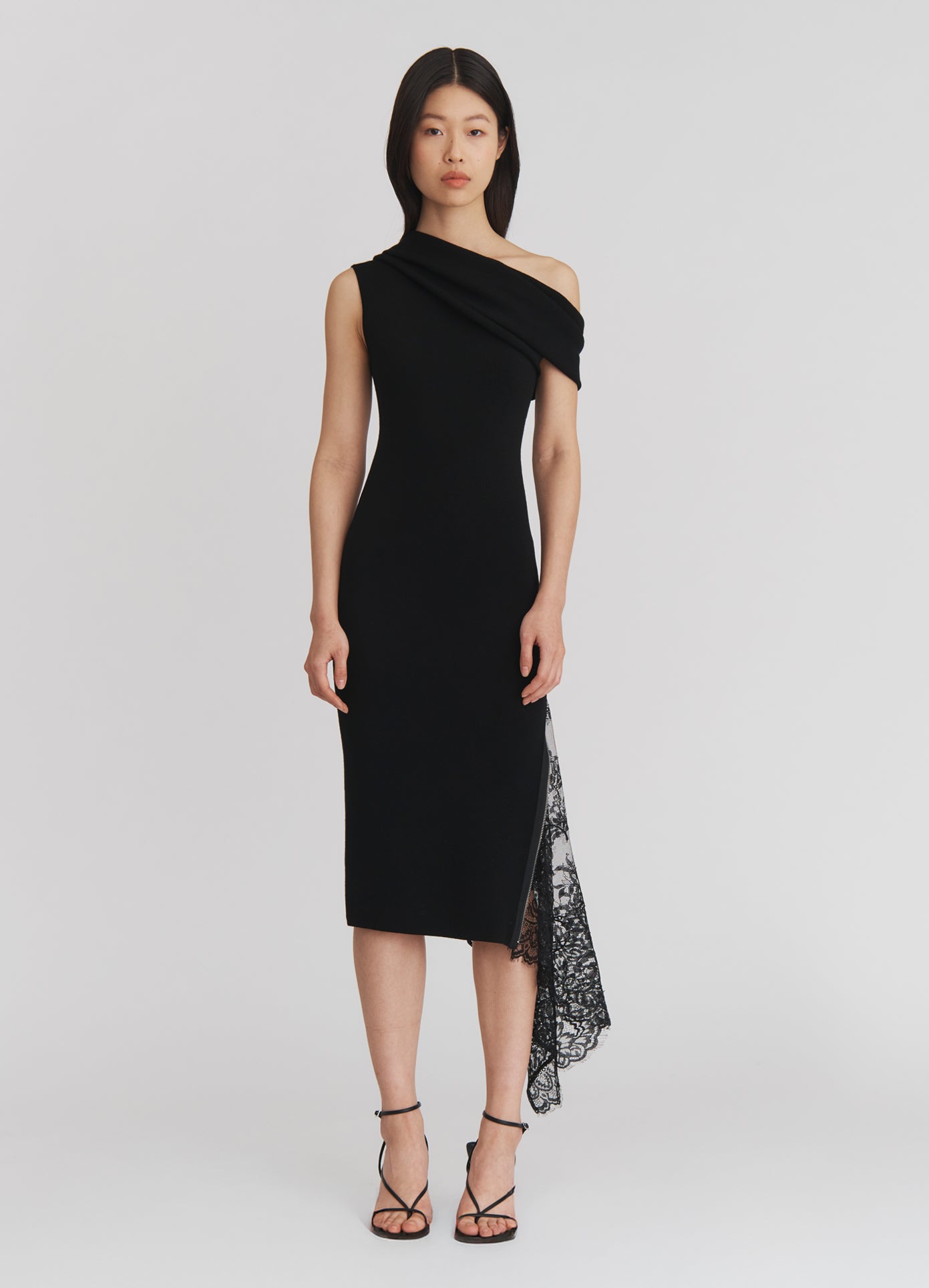 MONSE Lace Inserted Knitted Maxi Dress in Black on model full front view