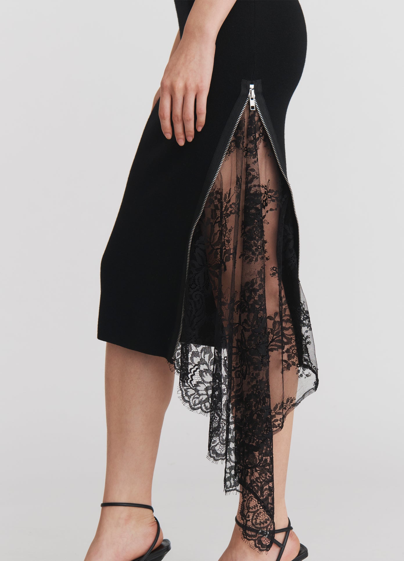 MONSE Lace Inserted Knitted Maxi Dress in Black on model lace detail view