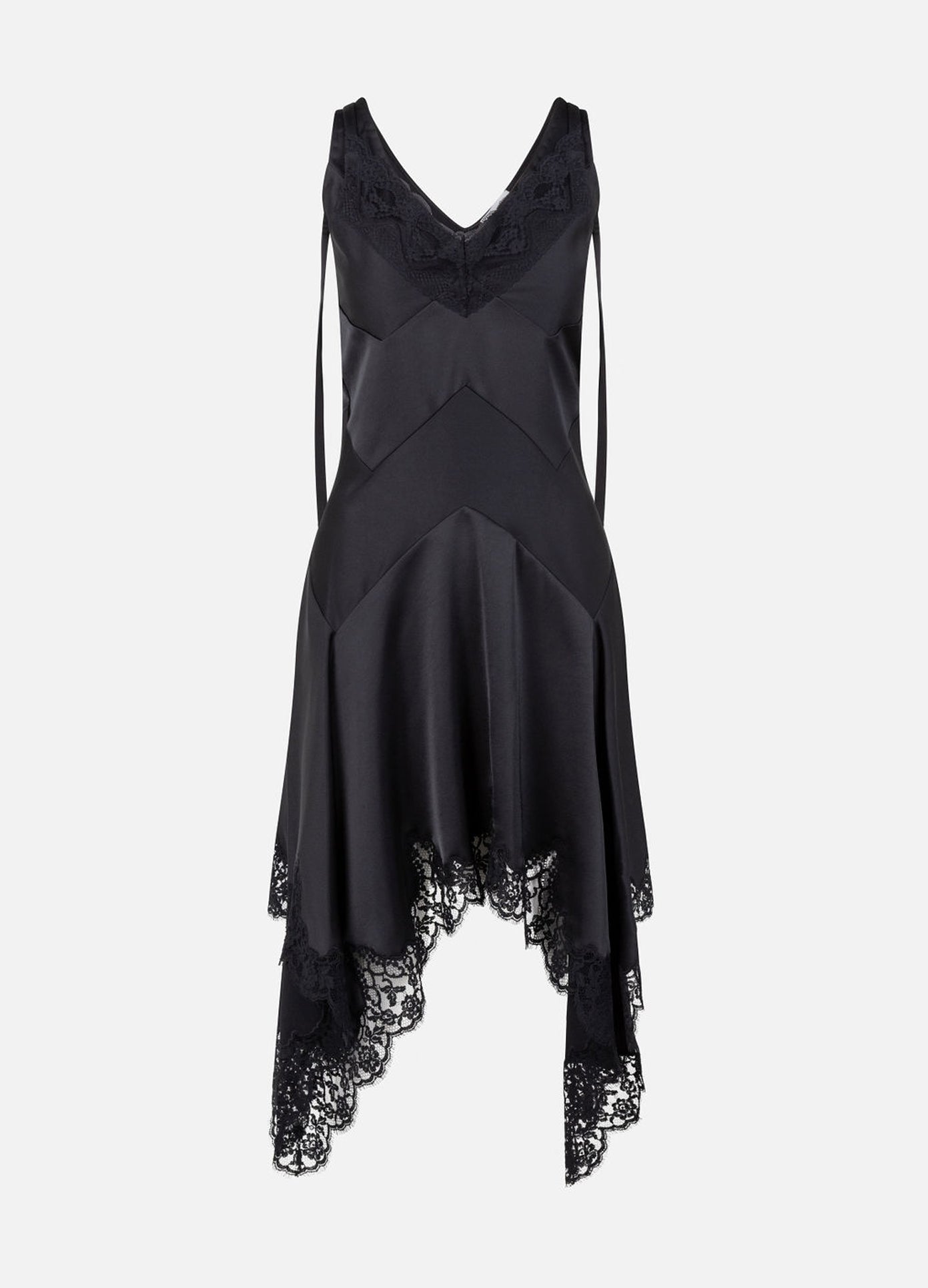 MONSE Lace Triangle Flared Mini Dress in black flat front