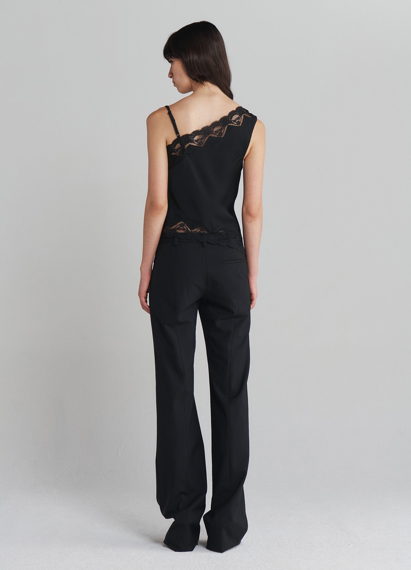 MONSE Lace Trim Camisole Top in Black on model full back view