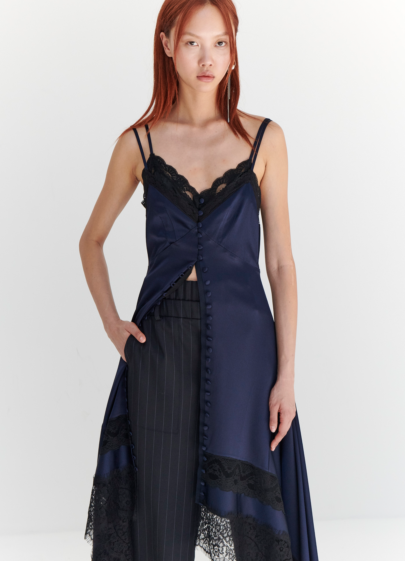 MONSE Lace Trim Slip Dress in Midnight on model front view