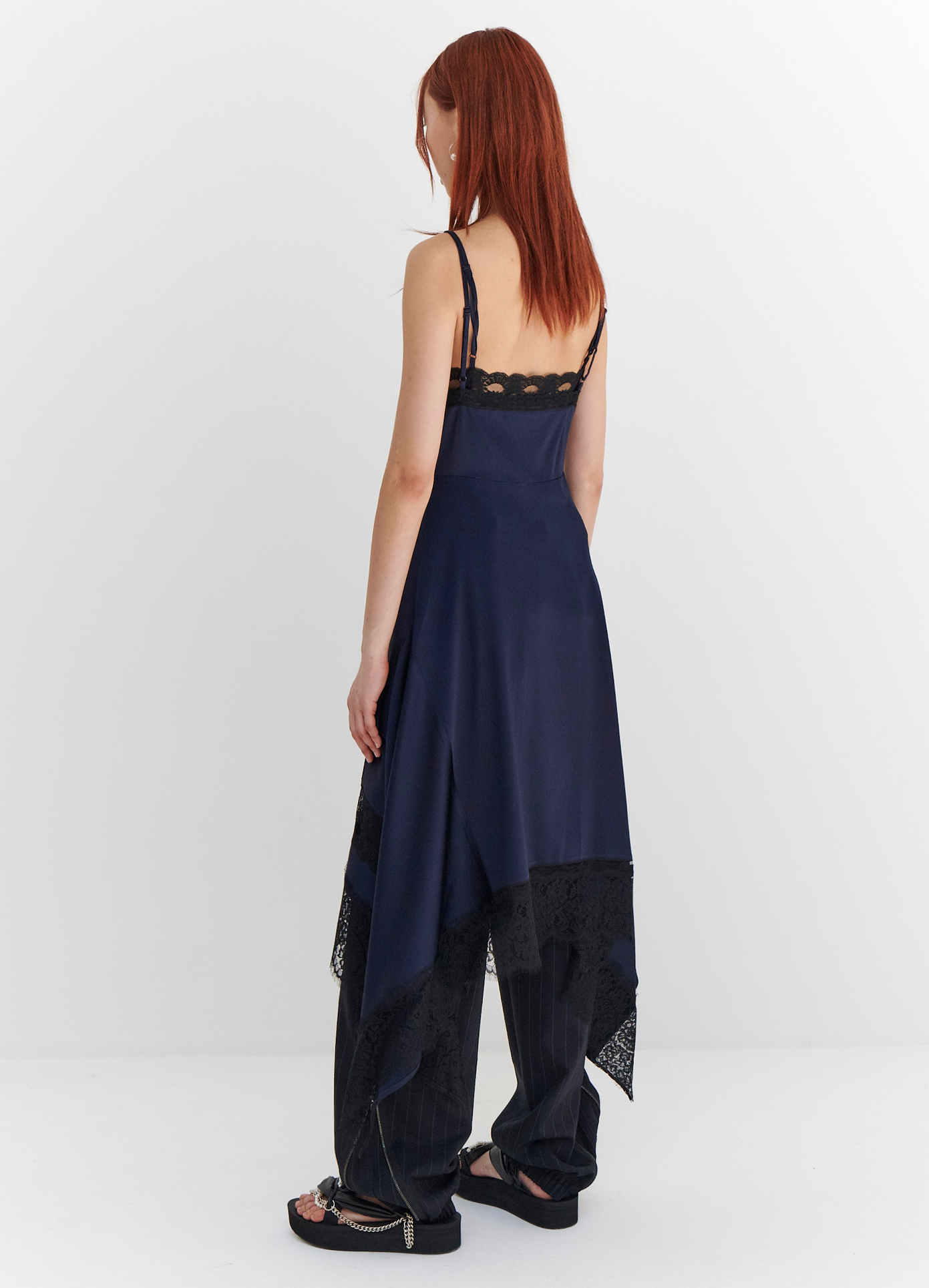 MONSE Lace Trim Slip Dress in Midnight on model full back side view