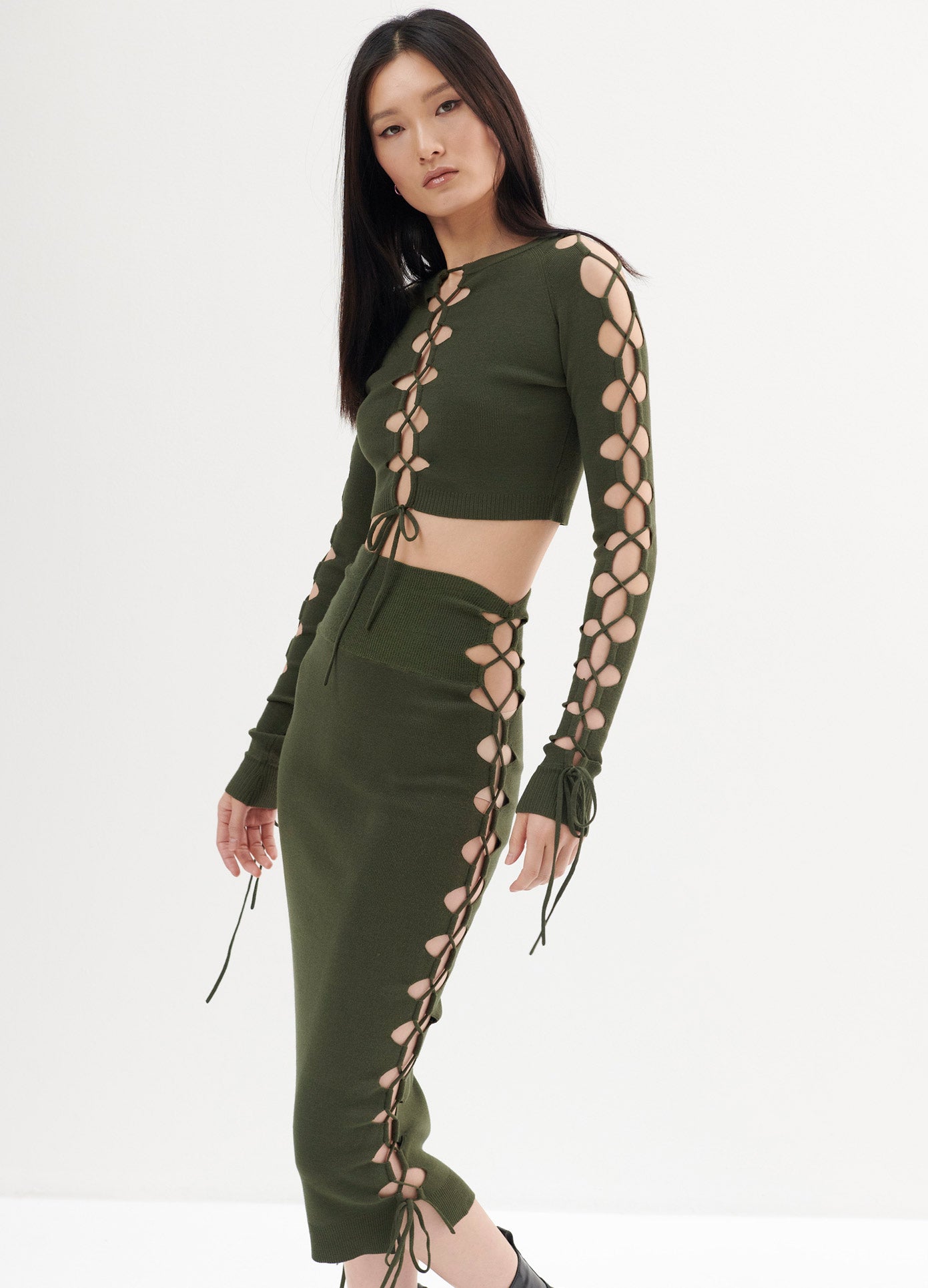 MONSE Lacing Knitted Skirt in Olive on Model Side View Main