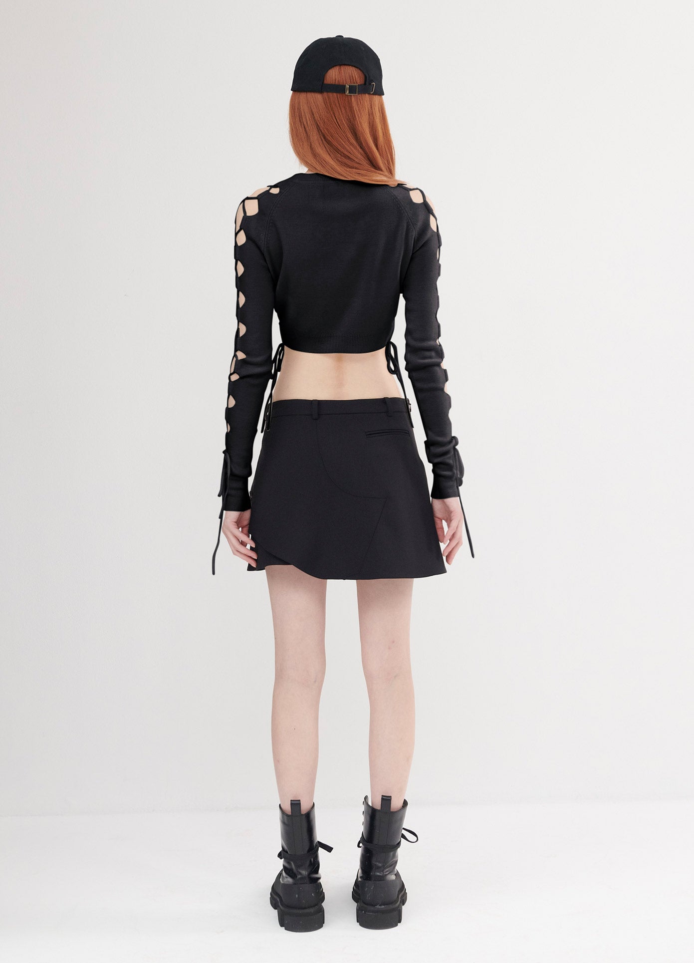 MONSE Lacing Sleeve Detail Cropped Sweater in black on model back view