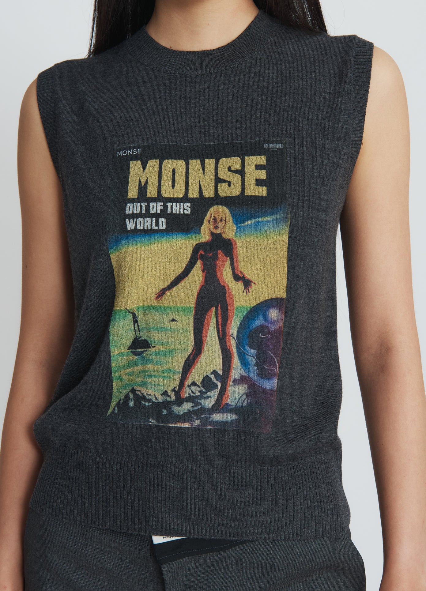 MONSE Lady Print Knitted Vest in charcoal on model front detail view