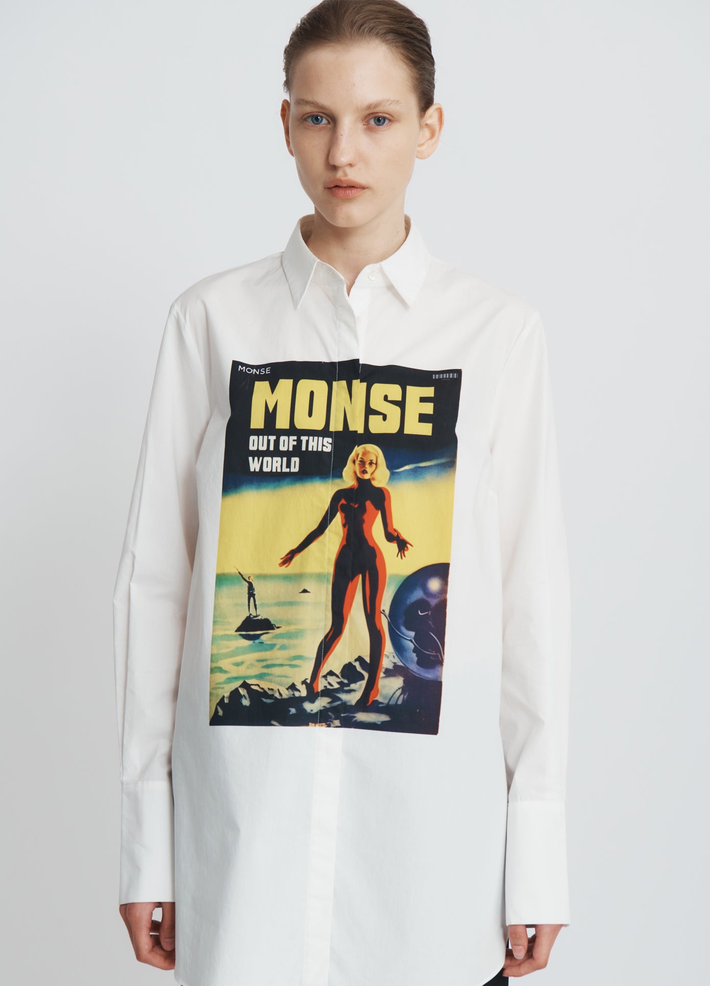 MONSE Lady Print Poster Shirt in ivory on model front view