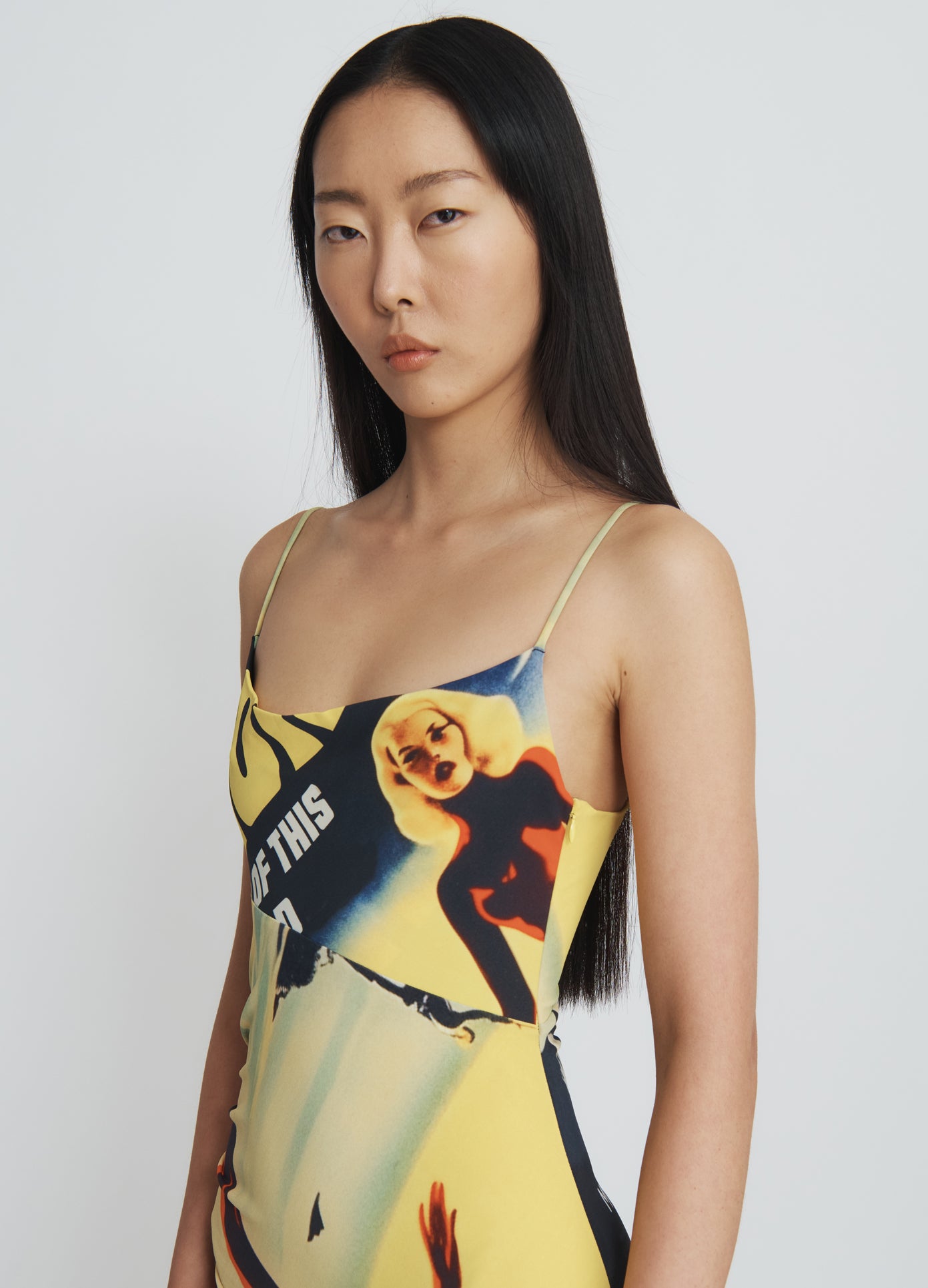 MONSE Lady Printed Draped Dress in yellow on model front detail view