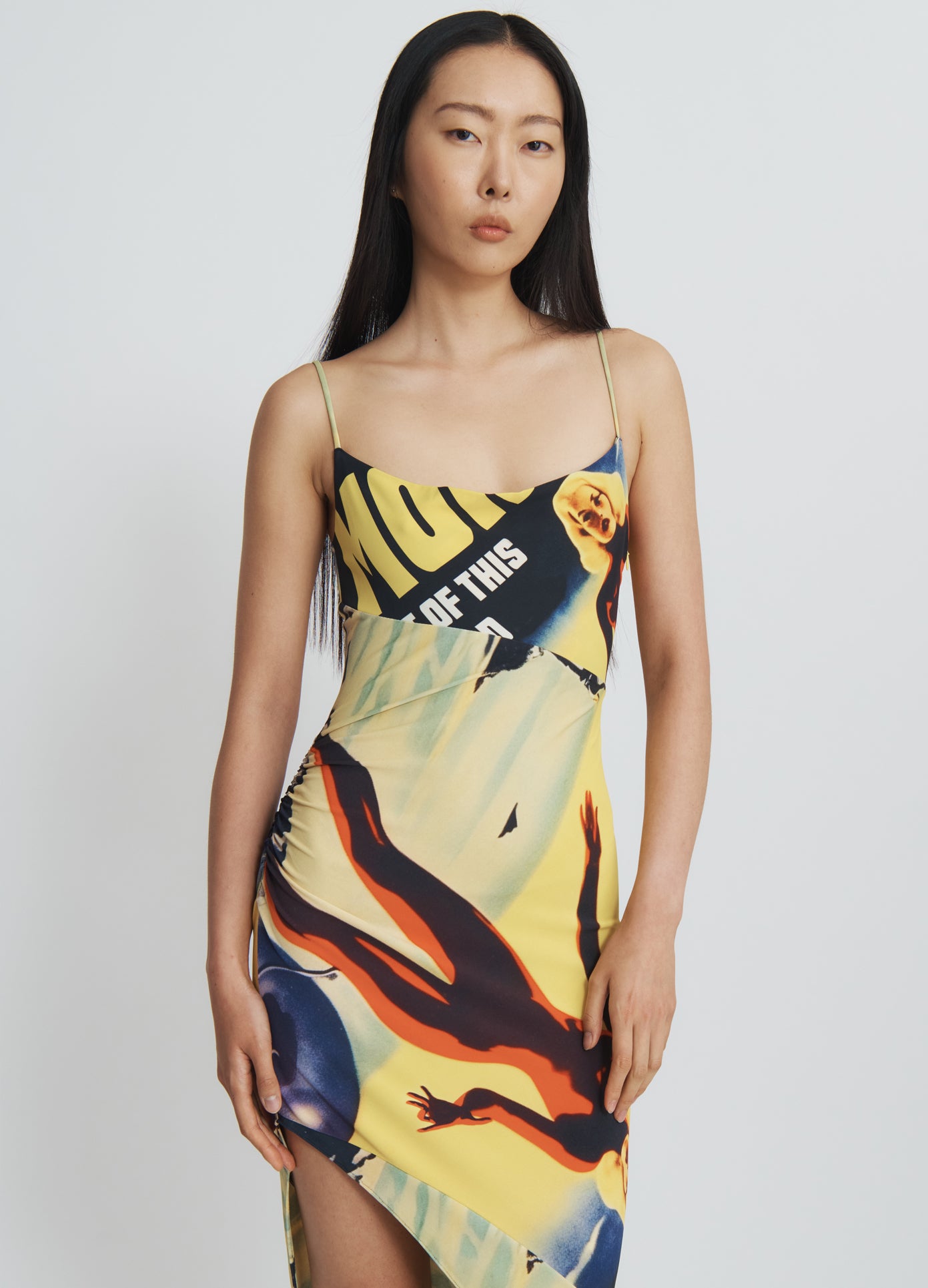 MONSE Lady Printed Draped Dress in yellow on model front view