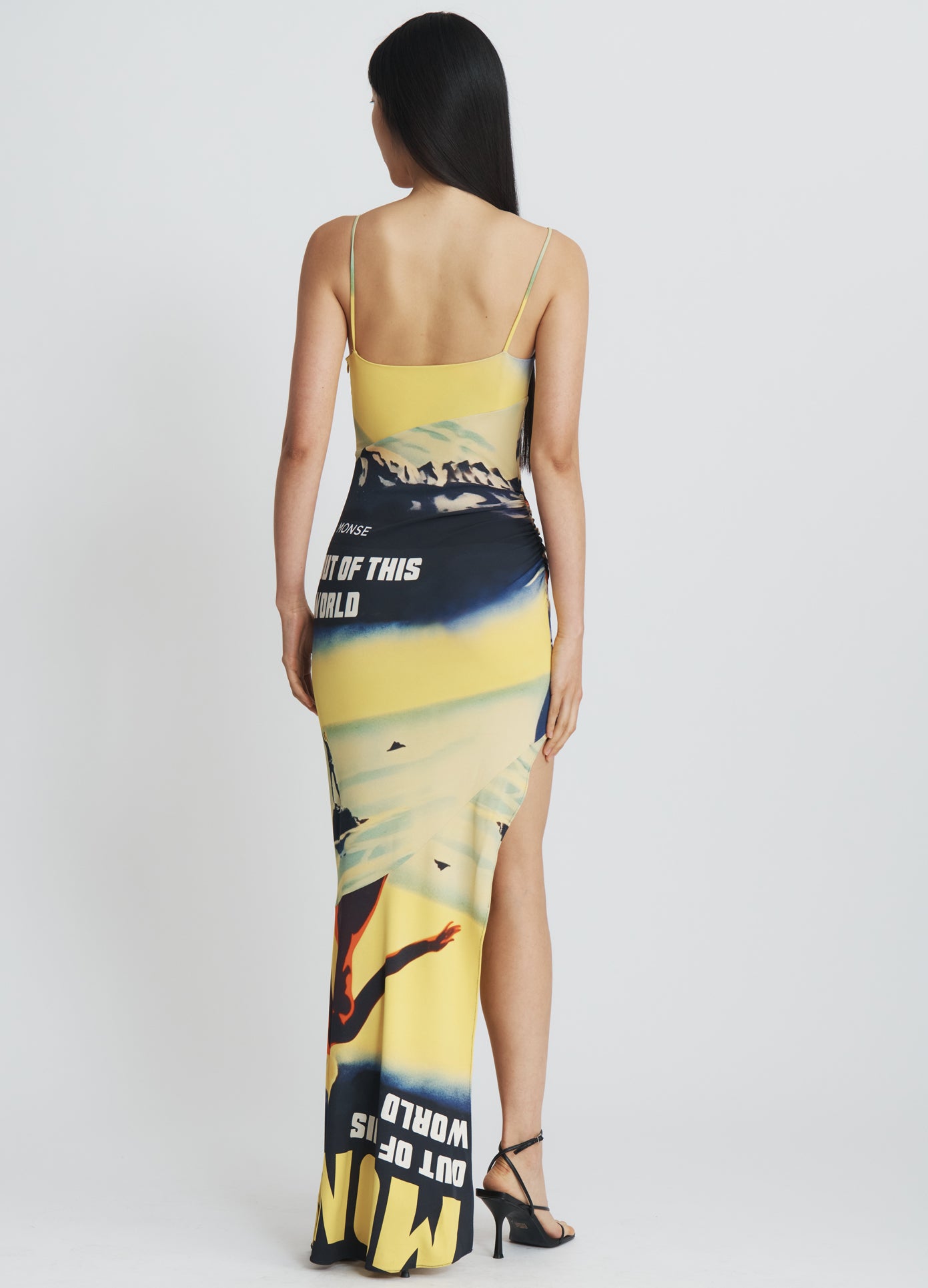 MONSE Lady Printed Draped Dress in yellow on model full back view