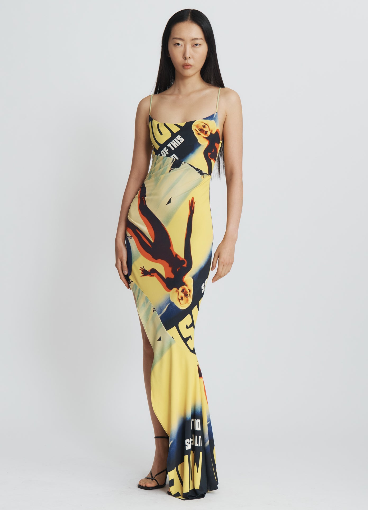 MONSE Lady Printed Draped Dress in yellow on model full front view