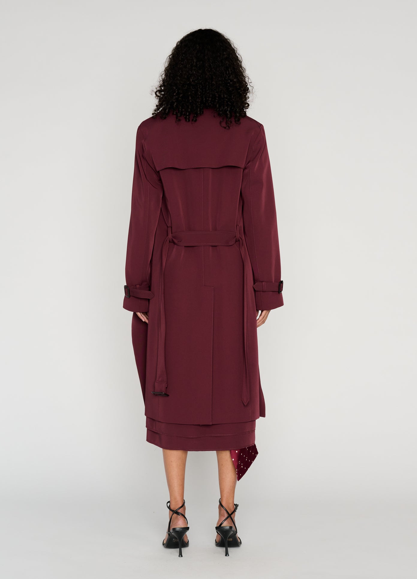MONSE Layering Trench Coat in burgundy on model full back view