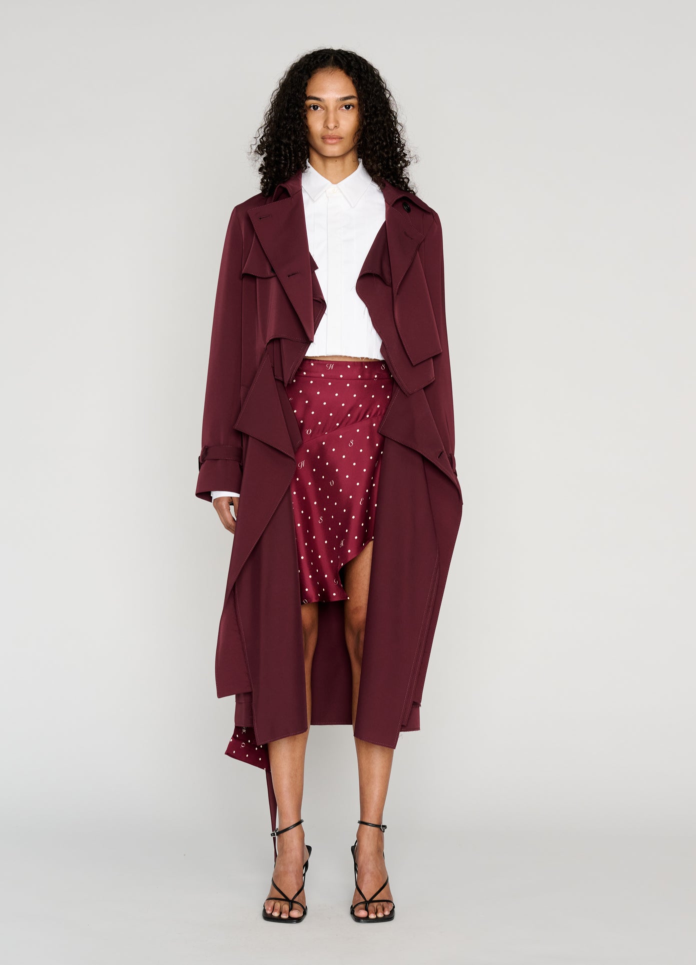 MONSE Layering Trench Coat in burgundy on model full front view
