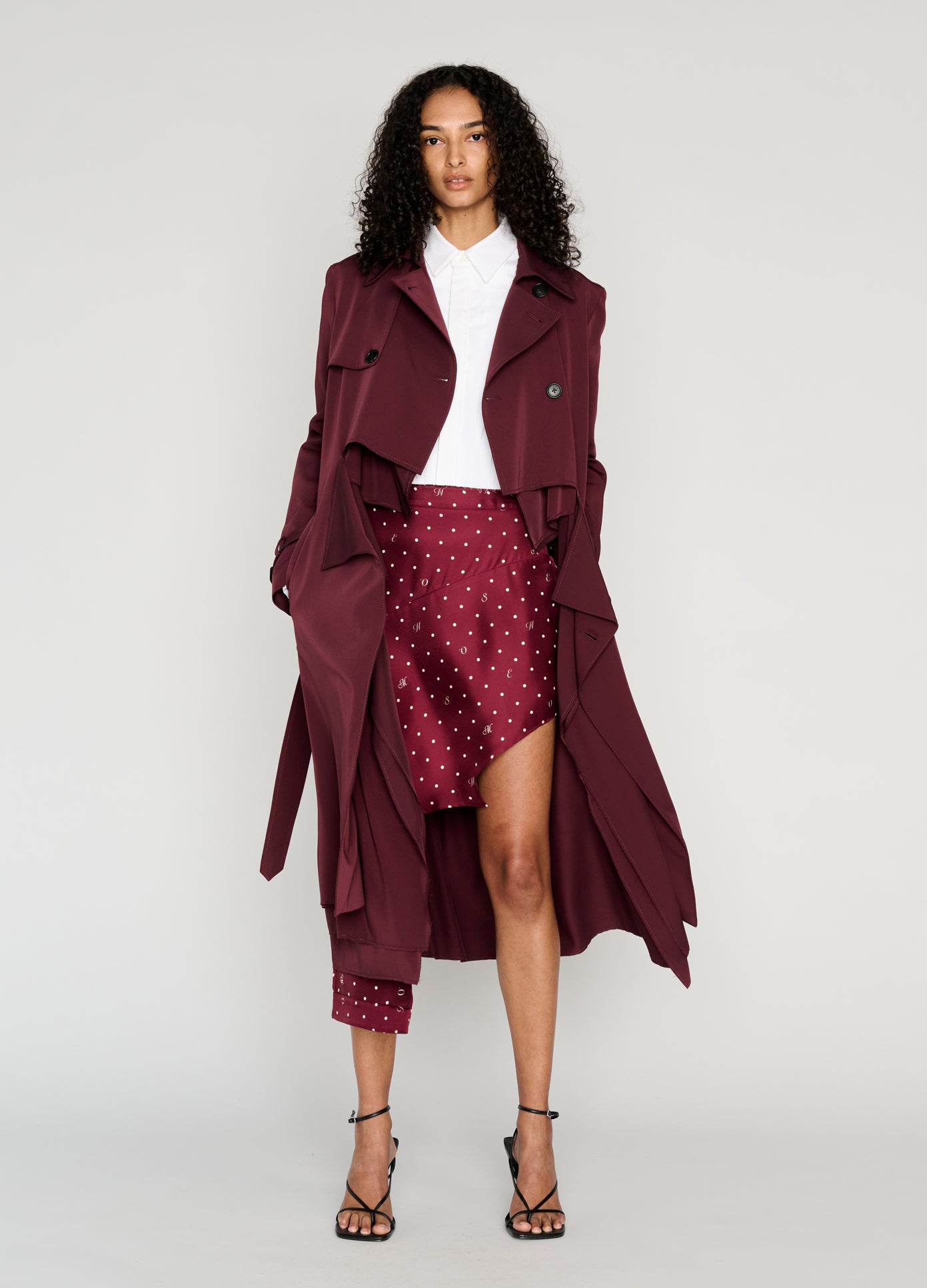 MONSE Layering Trench Coat in burgundy on model style full front view