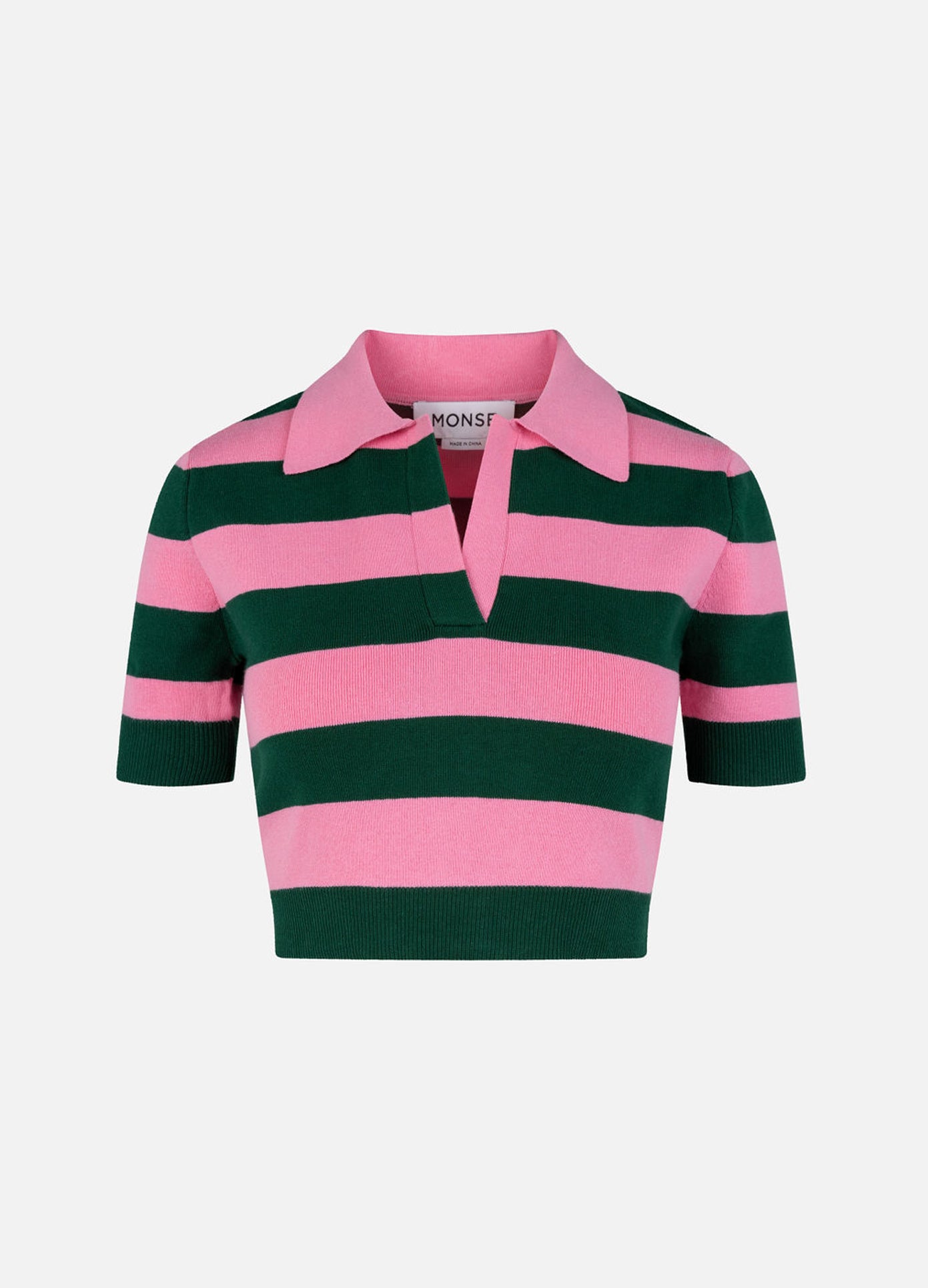 MONSE Leather Belt Back Cut Out Short Sleeve Knitted Top in Pink and Green flat front