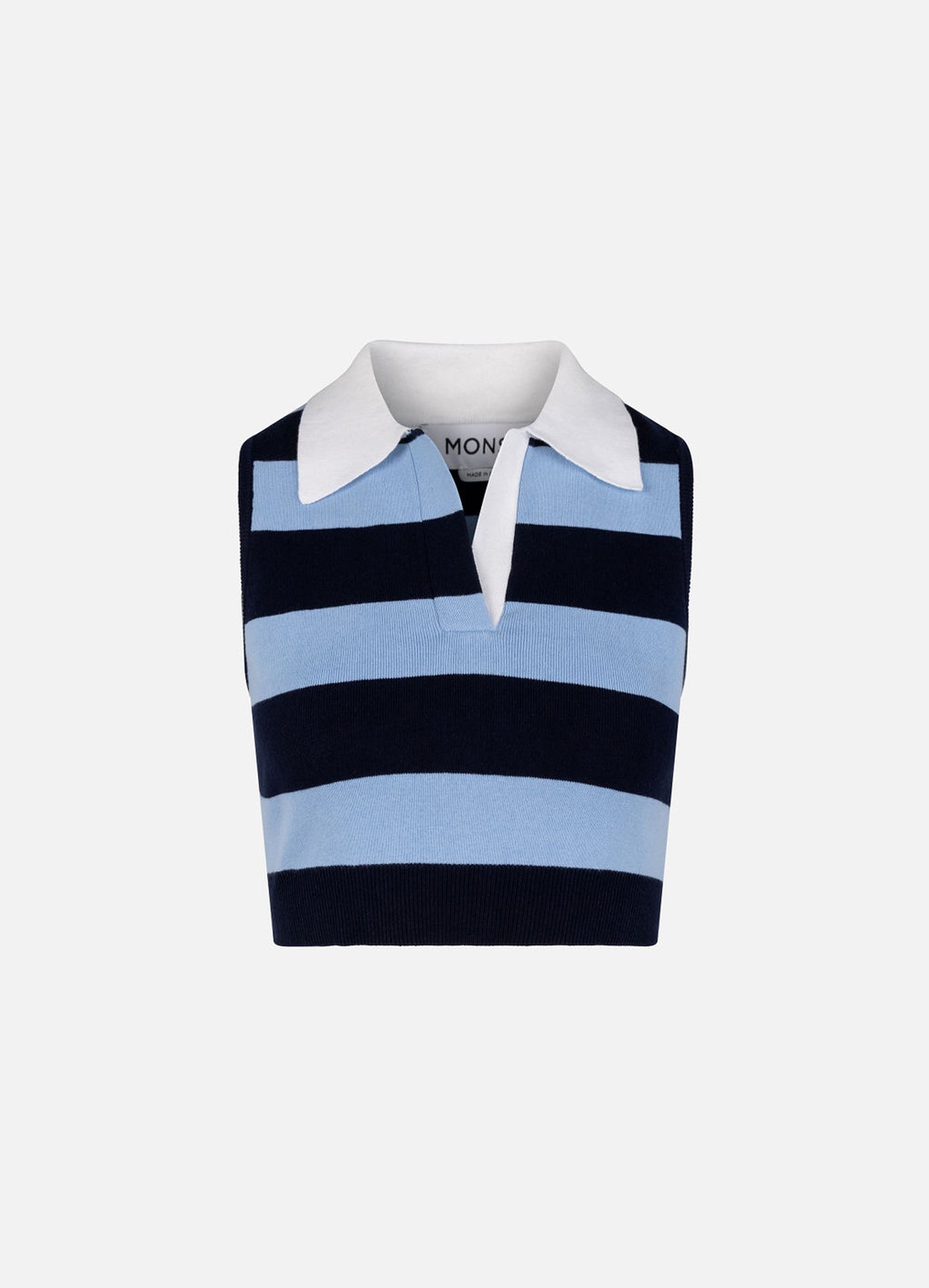 MONSE Leather Belt Back Cut Out Sleeveless Knitted Top in navy stripe flat front