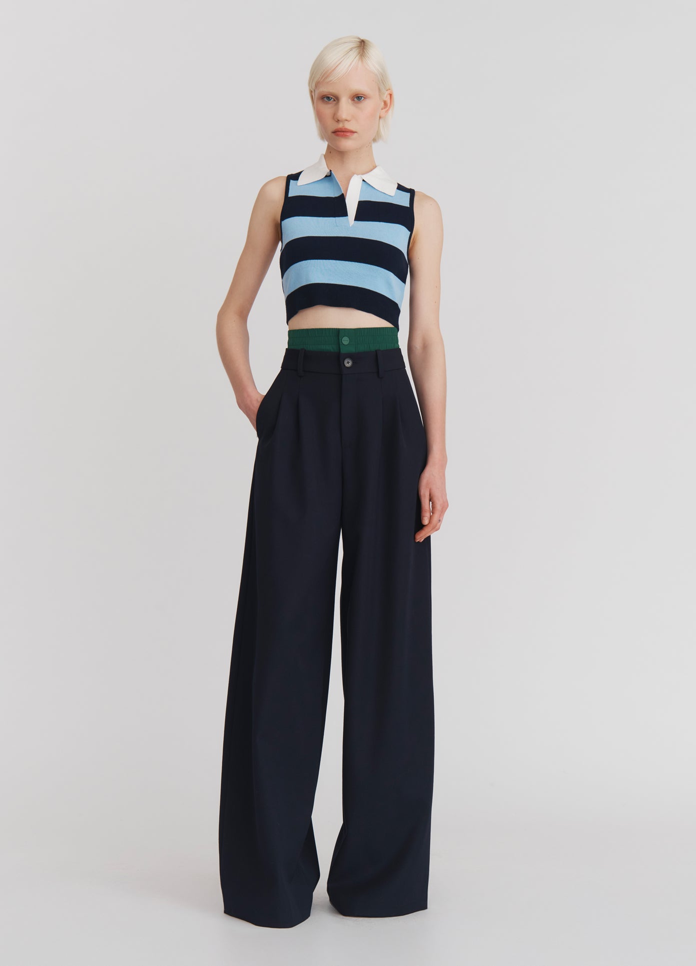 MONSE Leather Belt Back Cut Out Sleeveless Knitted Top in Navy Stripe on model full front view