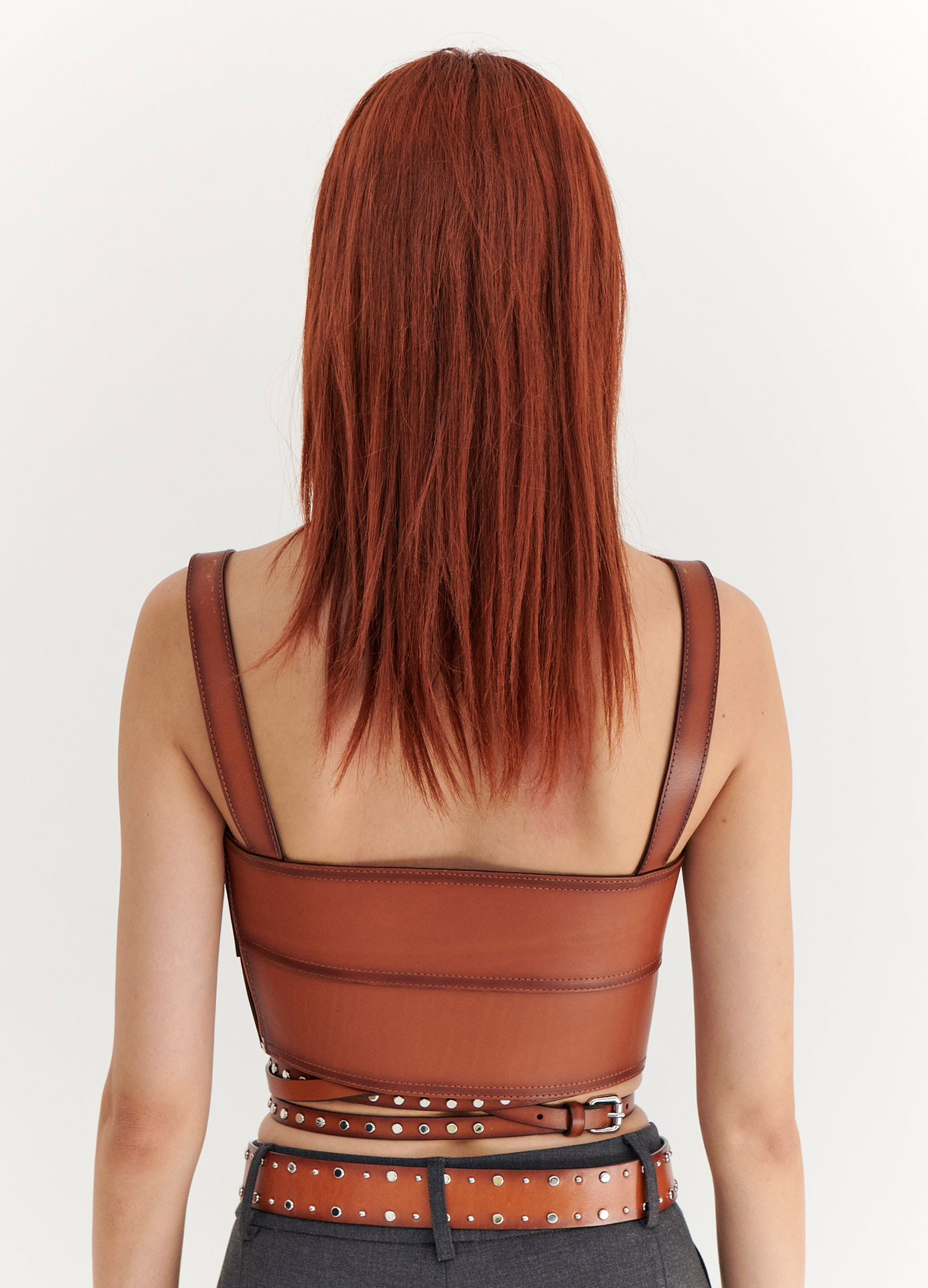 MONSE Leather Bustier in Brown on model back view