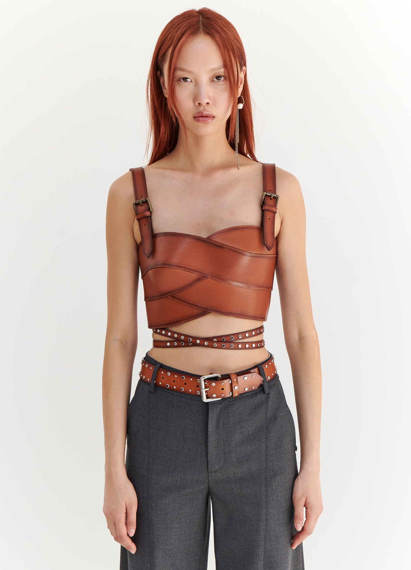 MONSE Leather Bustier in Brown on model front view