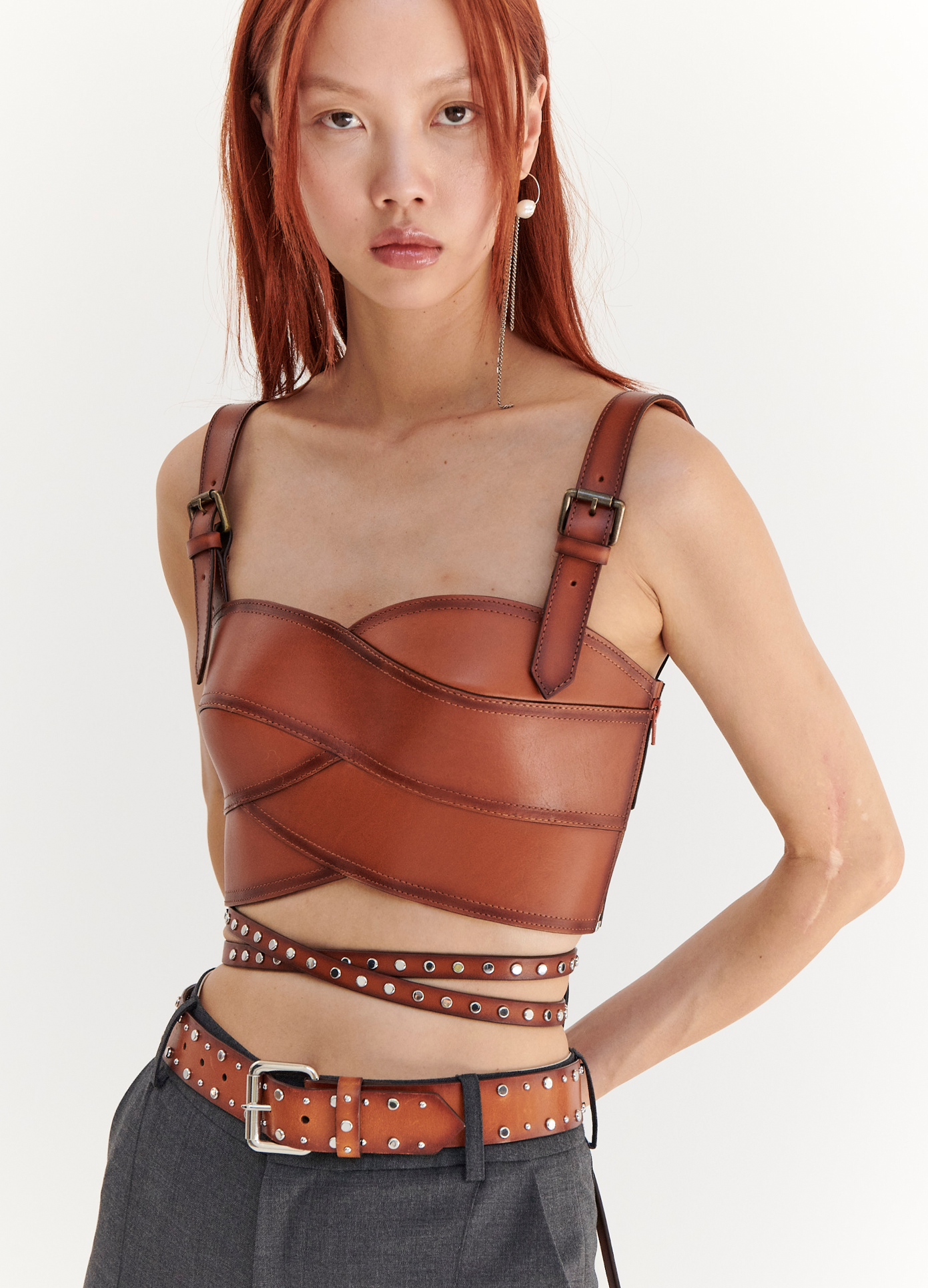 MONSE Leather Bustier in Brown on model styled front view