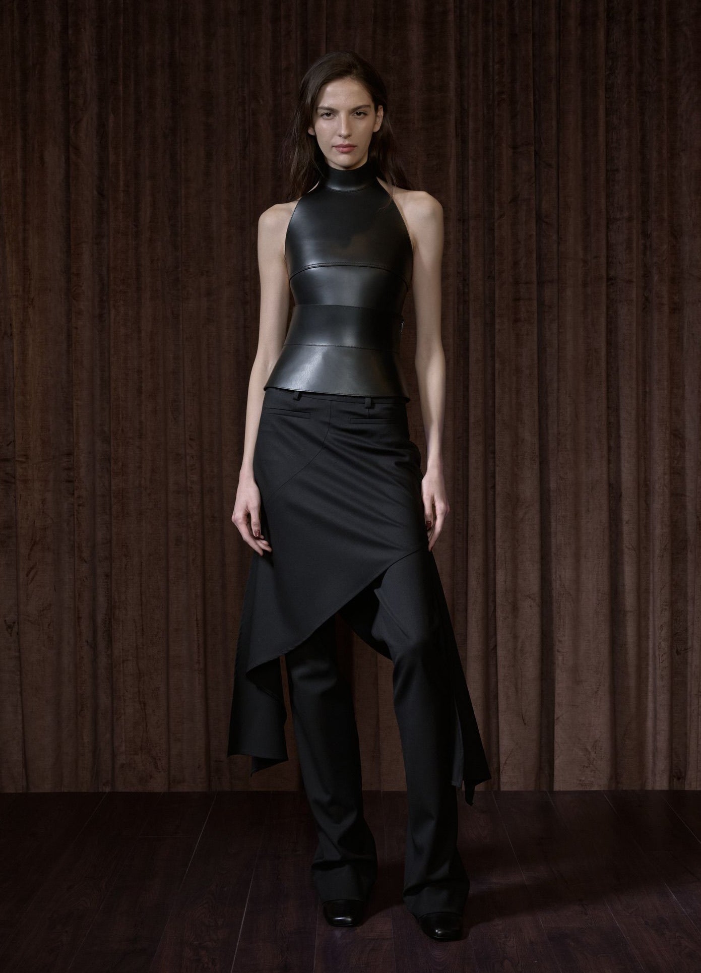 MONSE Leather Halter Top in black on model front view