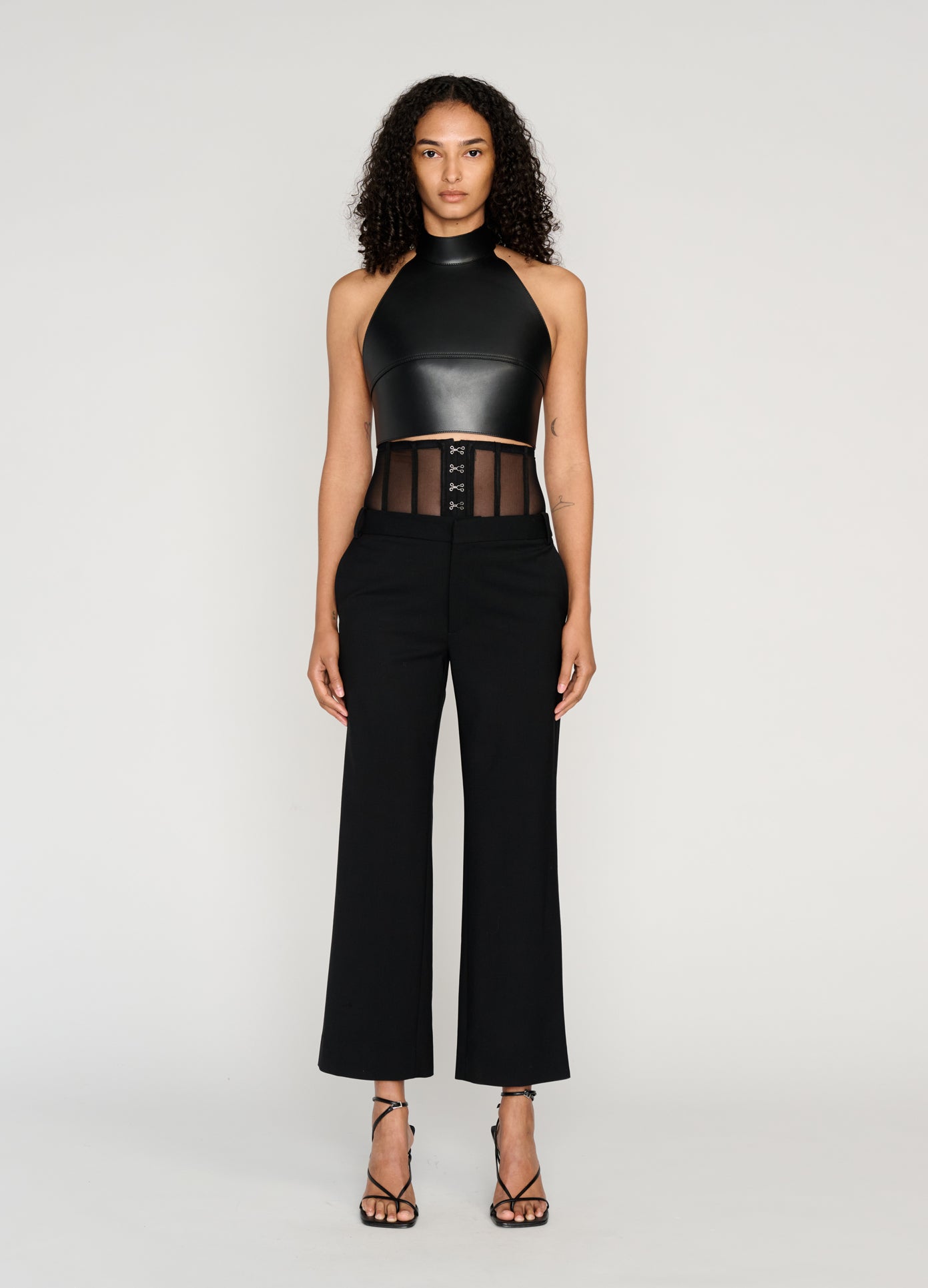 MONSE Leather Halter Top in black on model full front view