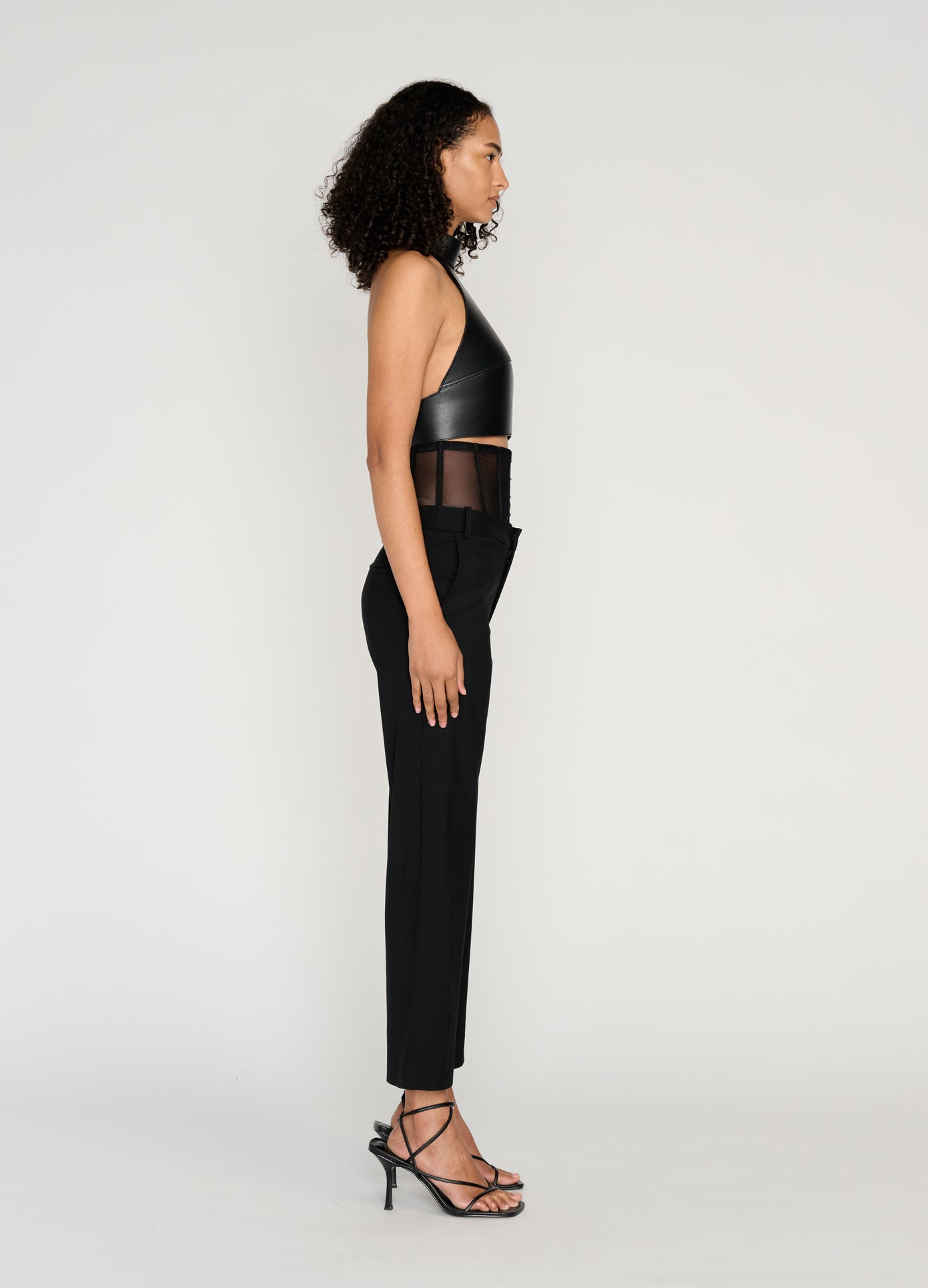 MONSE Leather Halter Top in black on model full side view