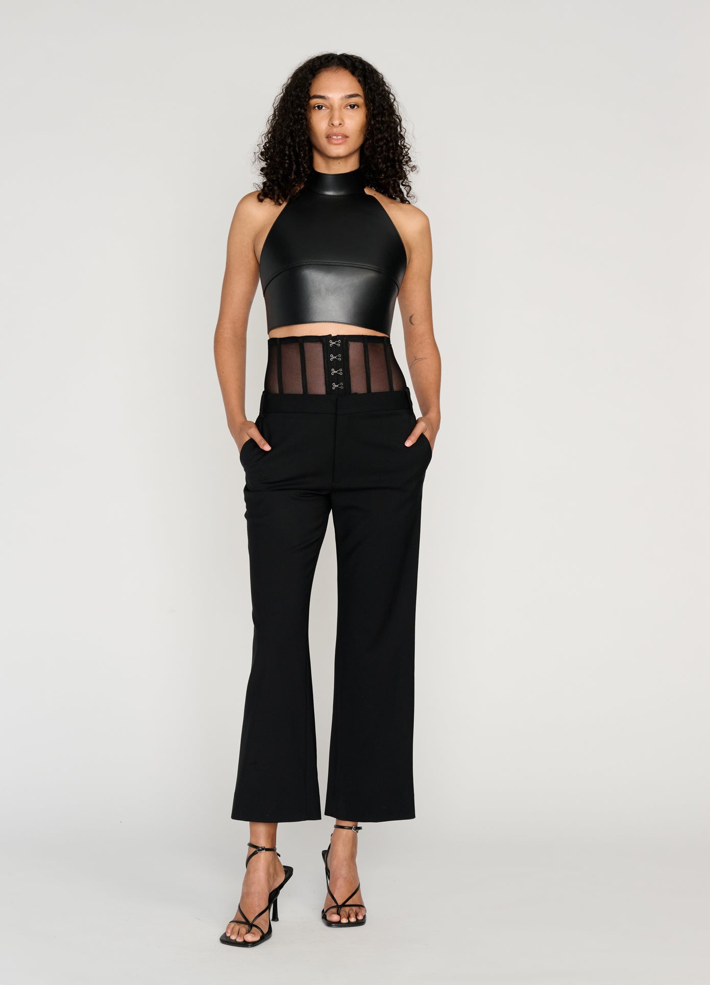 MONSE Leather Halter Top in black on model style full front view