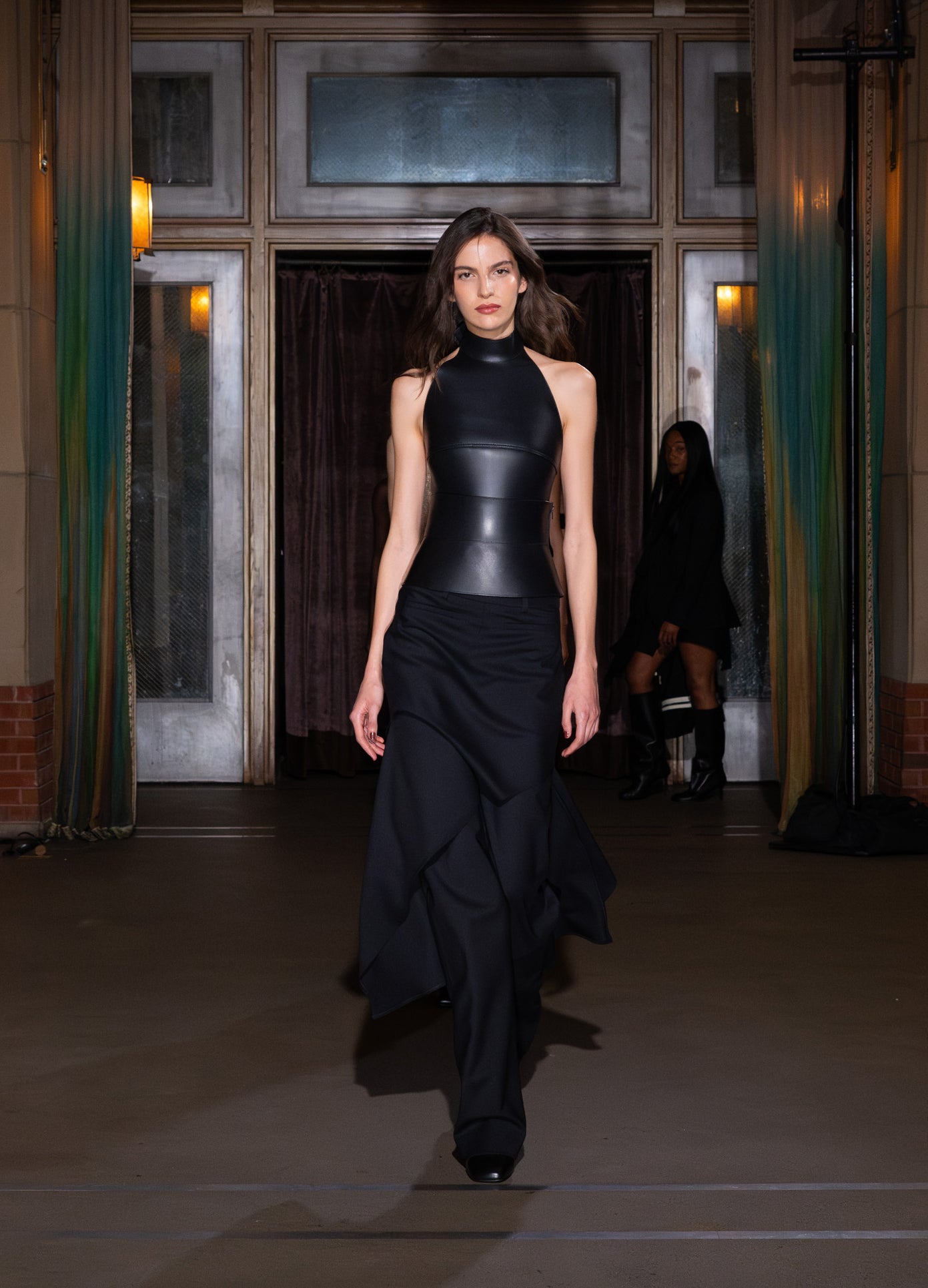 MONSE Leather Halter Top in black on runway model 