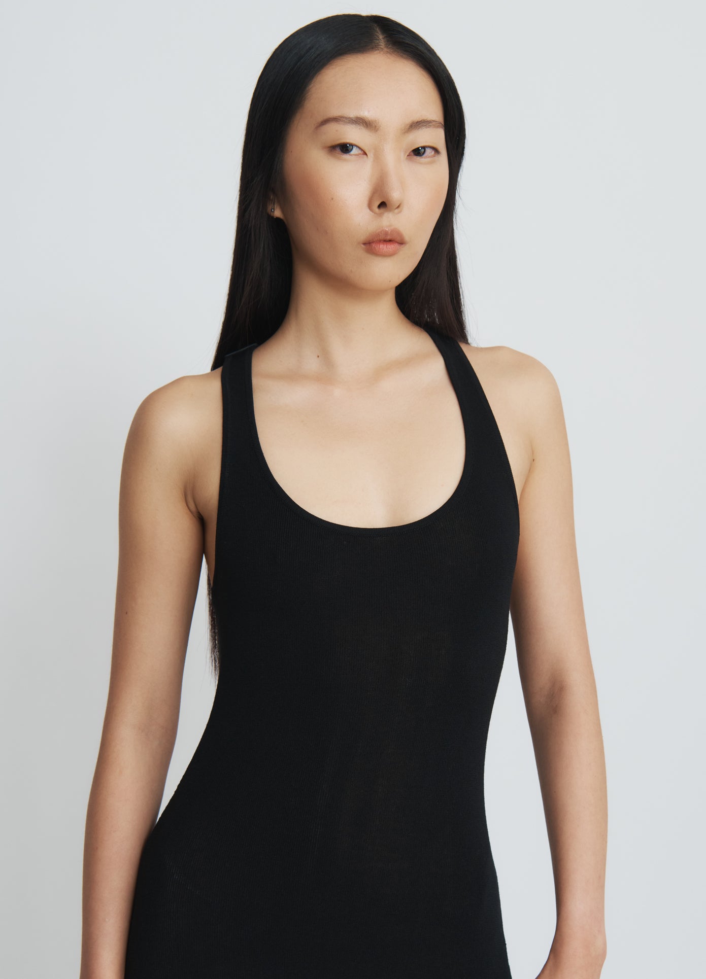 MONSE Leather Harness Knit Dress in black on model front view