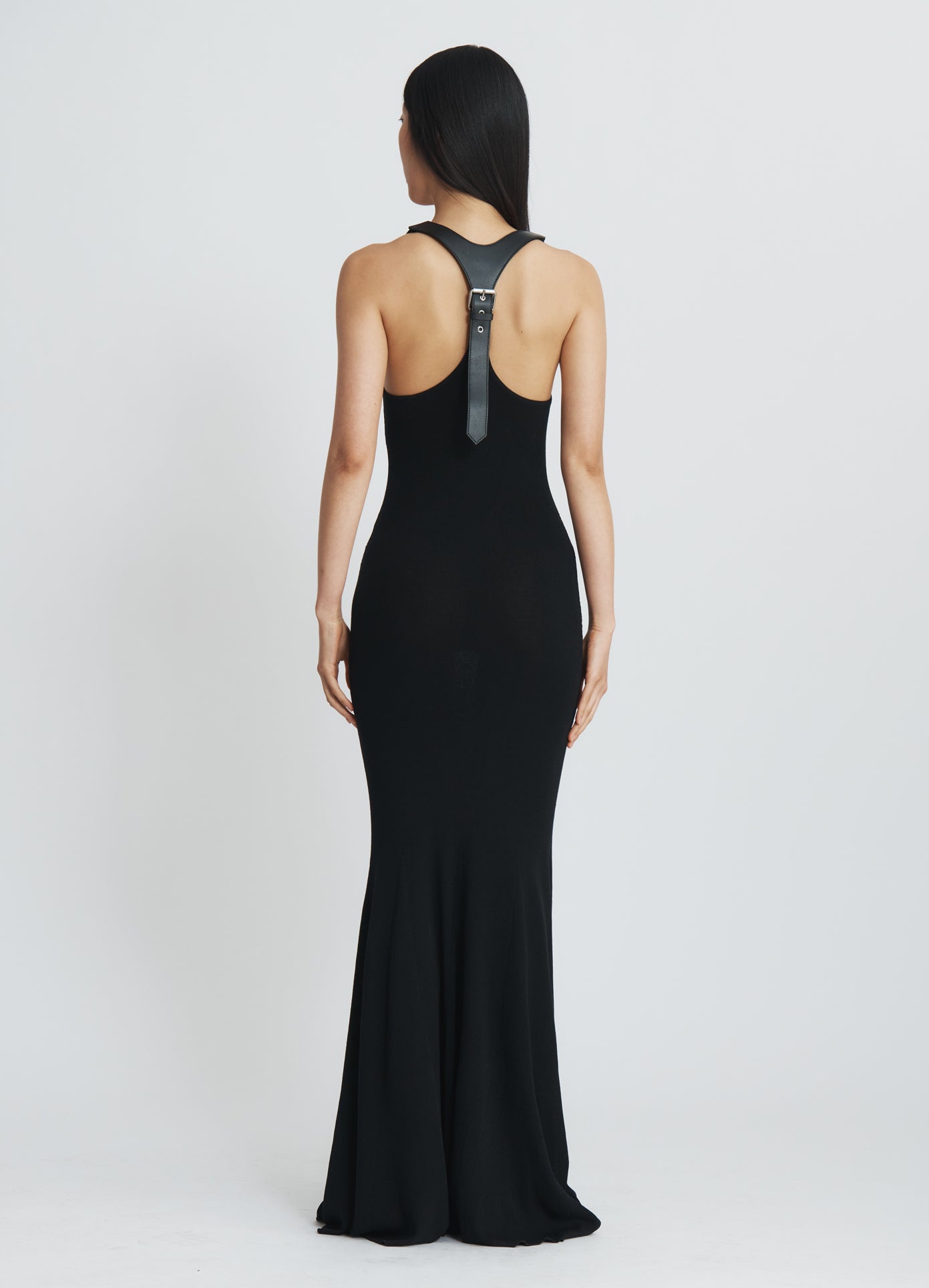 MONSE Leather Harness Knit Dress in black on model full back view