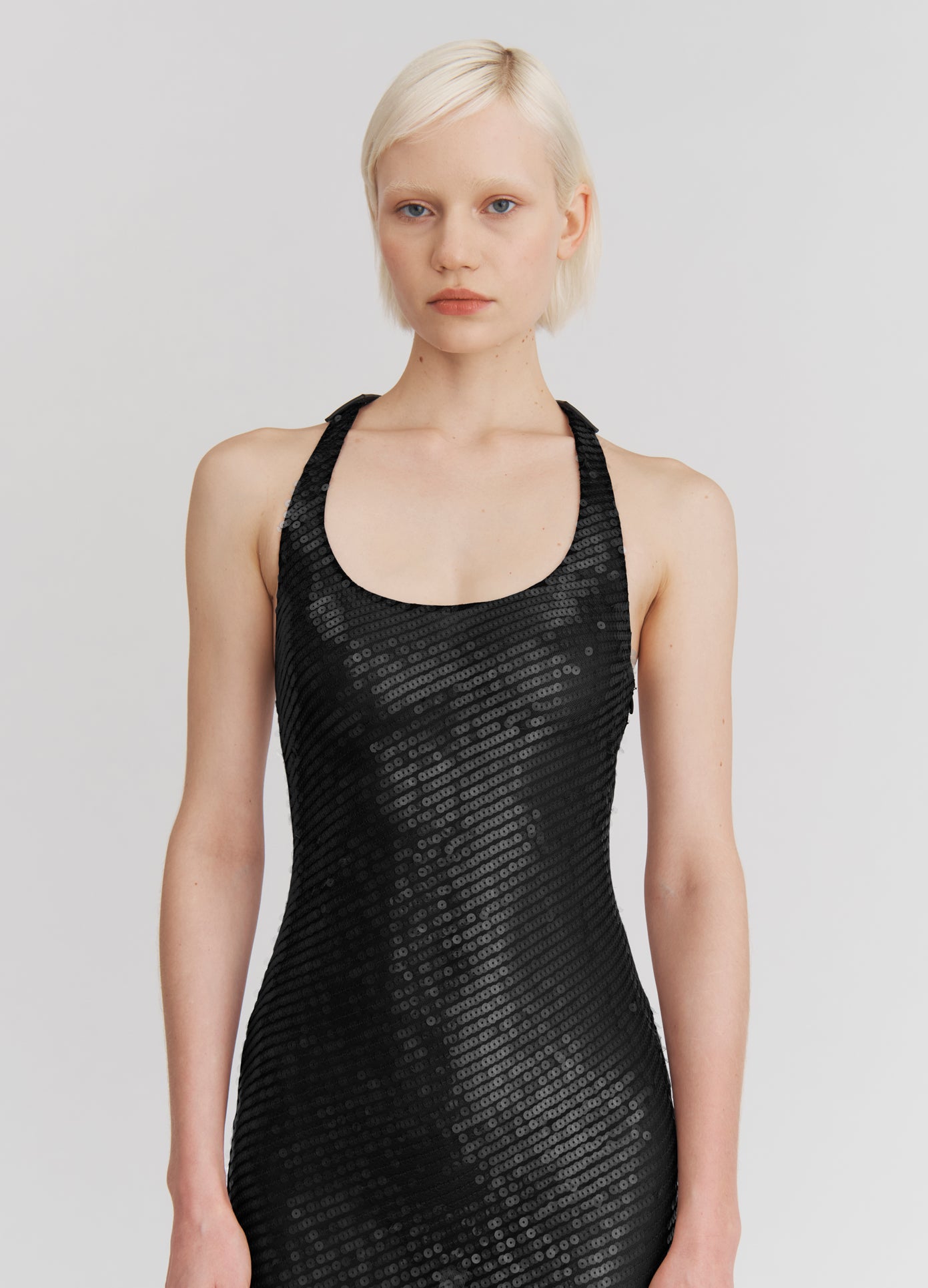 MONSE Leather Harness Sequin Dress in black on model front view