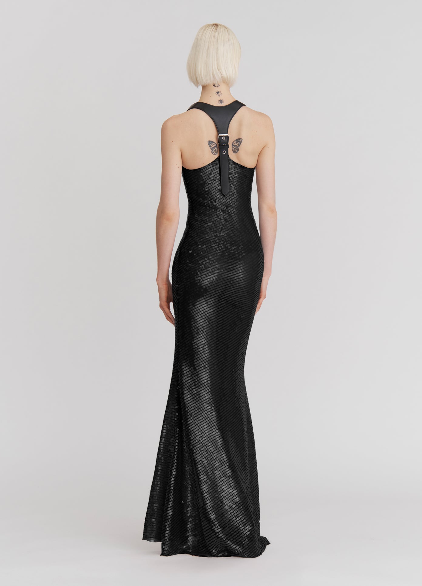 MONSE Leather Harness Sequin Dress in black on model full back view