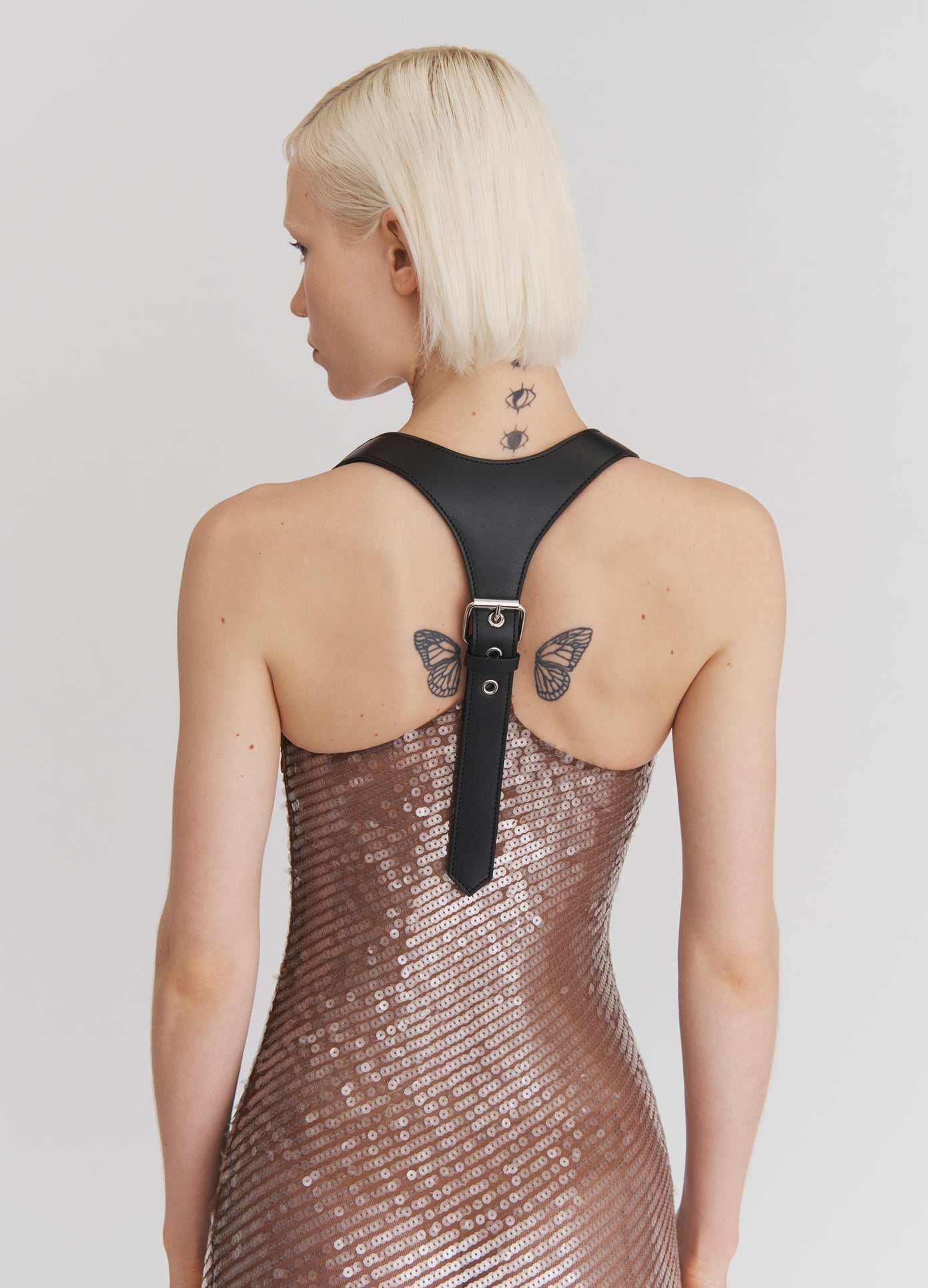 MONSE Leather Harness Sequin Dress in Dark Nude on model back view