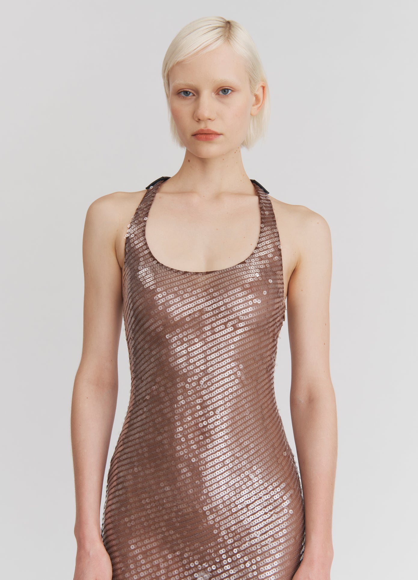 MONSE Leather Harness Sequin Dress in Dark Nude on model front view