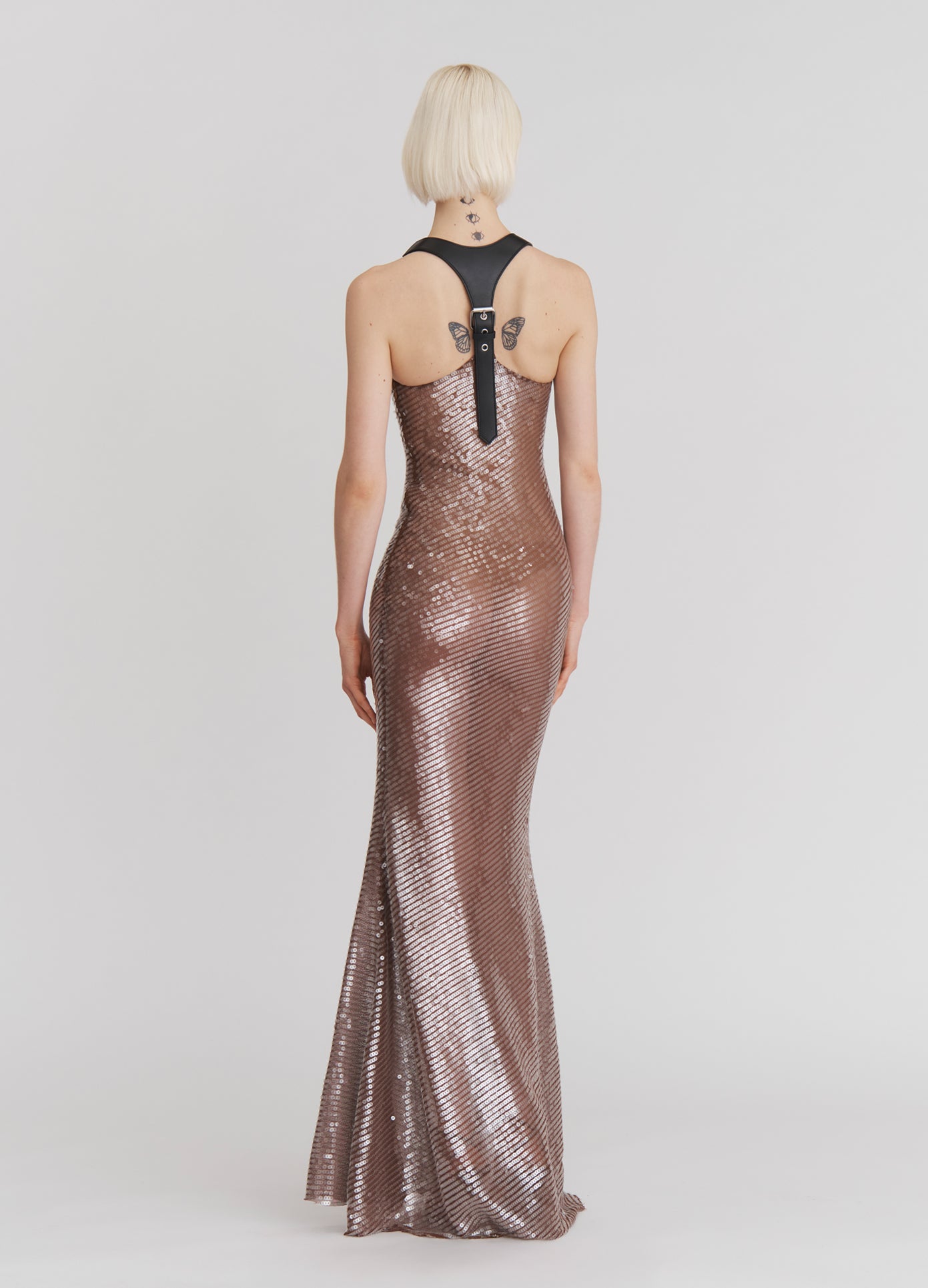 MONSE Leather Harness Sequin Dress in Dark Nude on model full back view