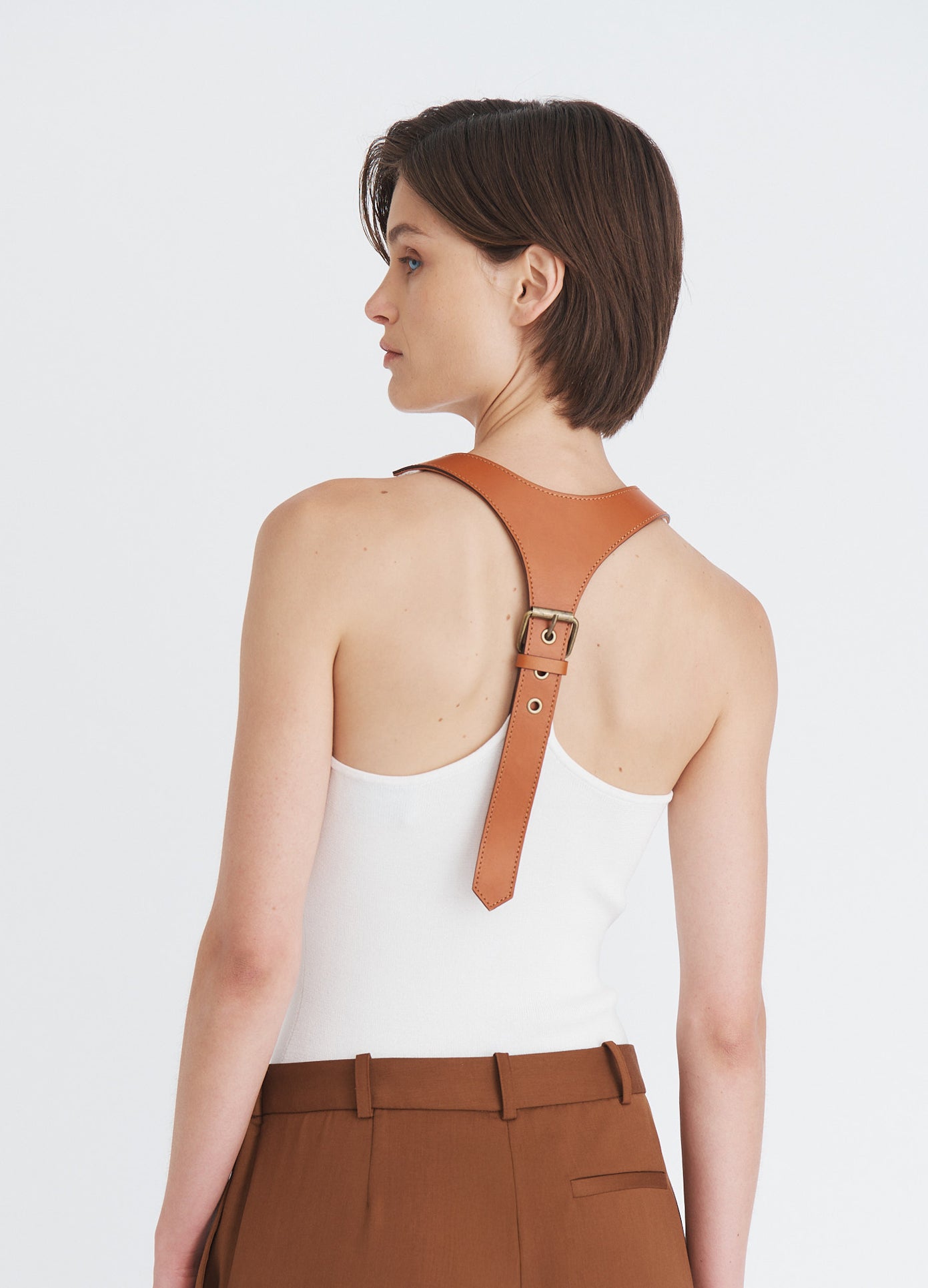 MONSE Leather Racerback Tank Top in ivory on model back view