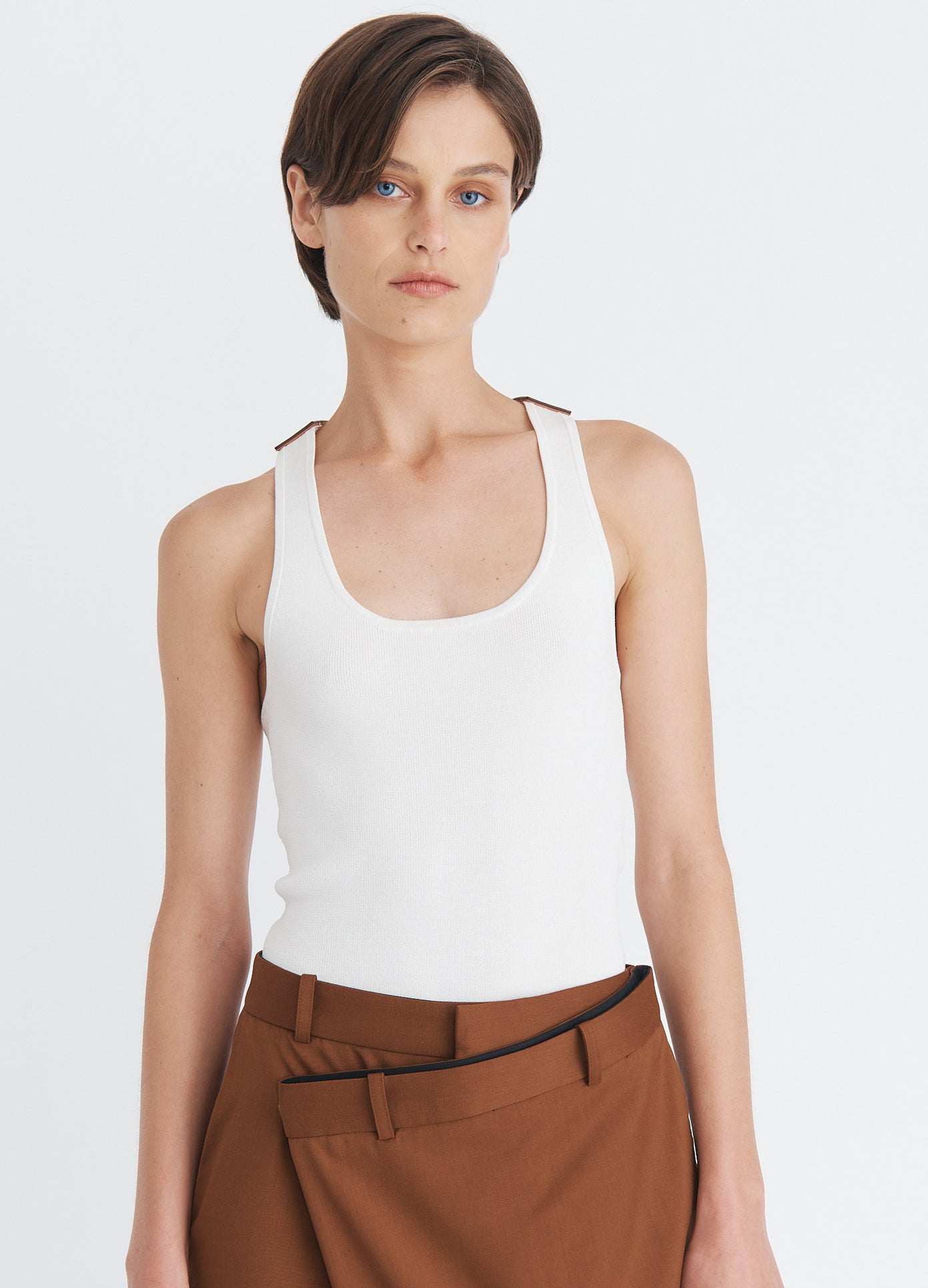 MONSE Leather Racerback Tank Top in ivory on model front view