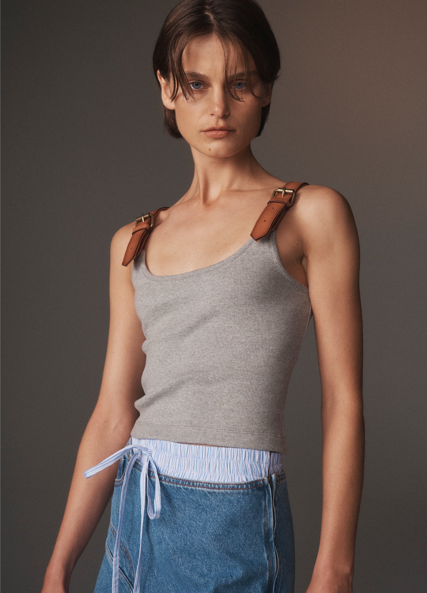 MONSE Leather Strap Tank Top in heather grey on model 2025 lookbook image