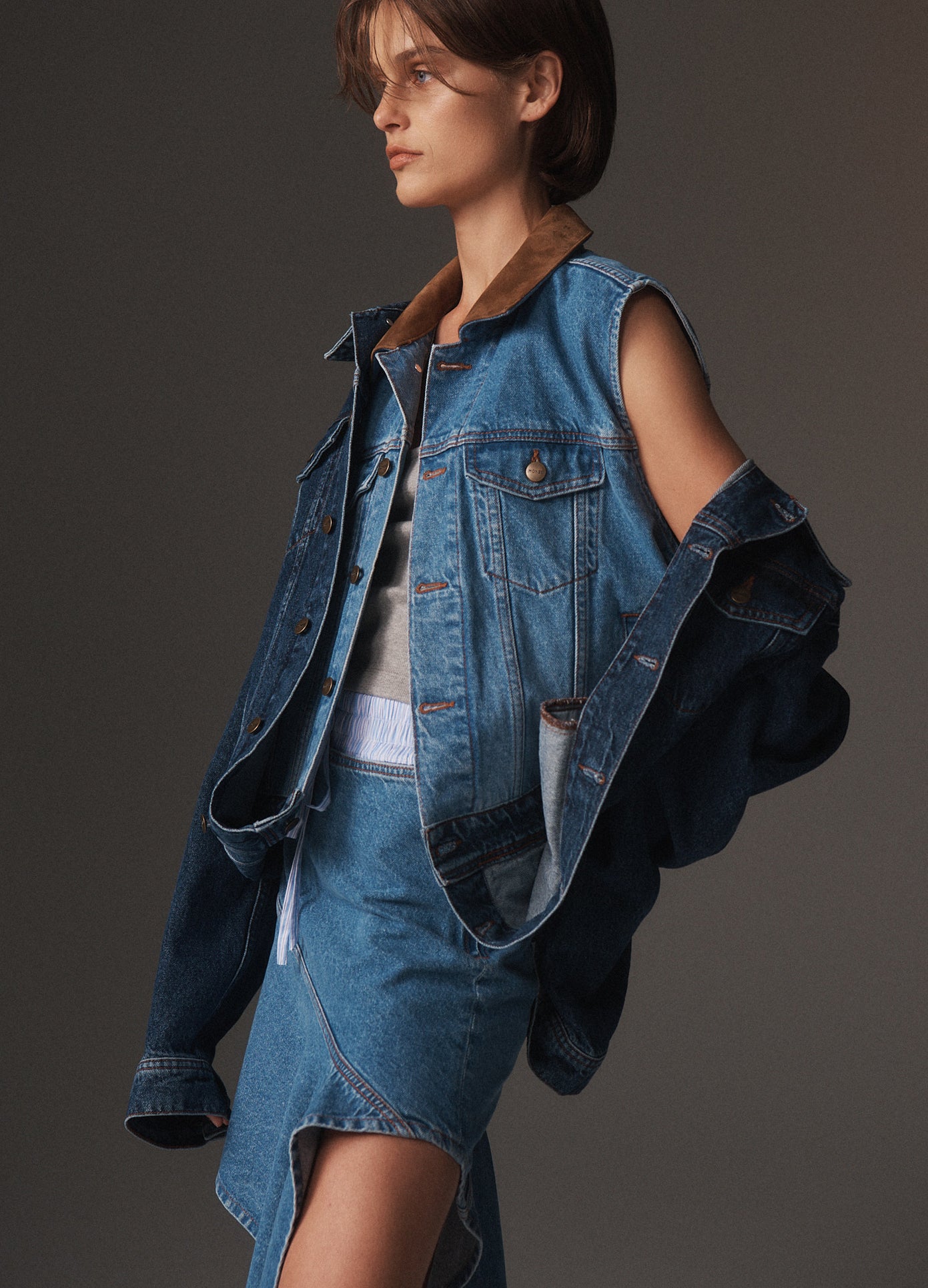 MONSE Leather Strap Tank Top in heather grey on model lookbook image