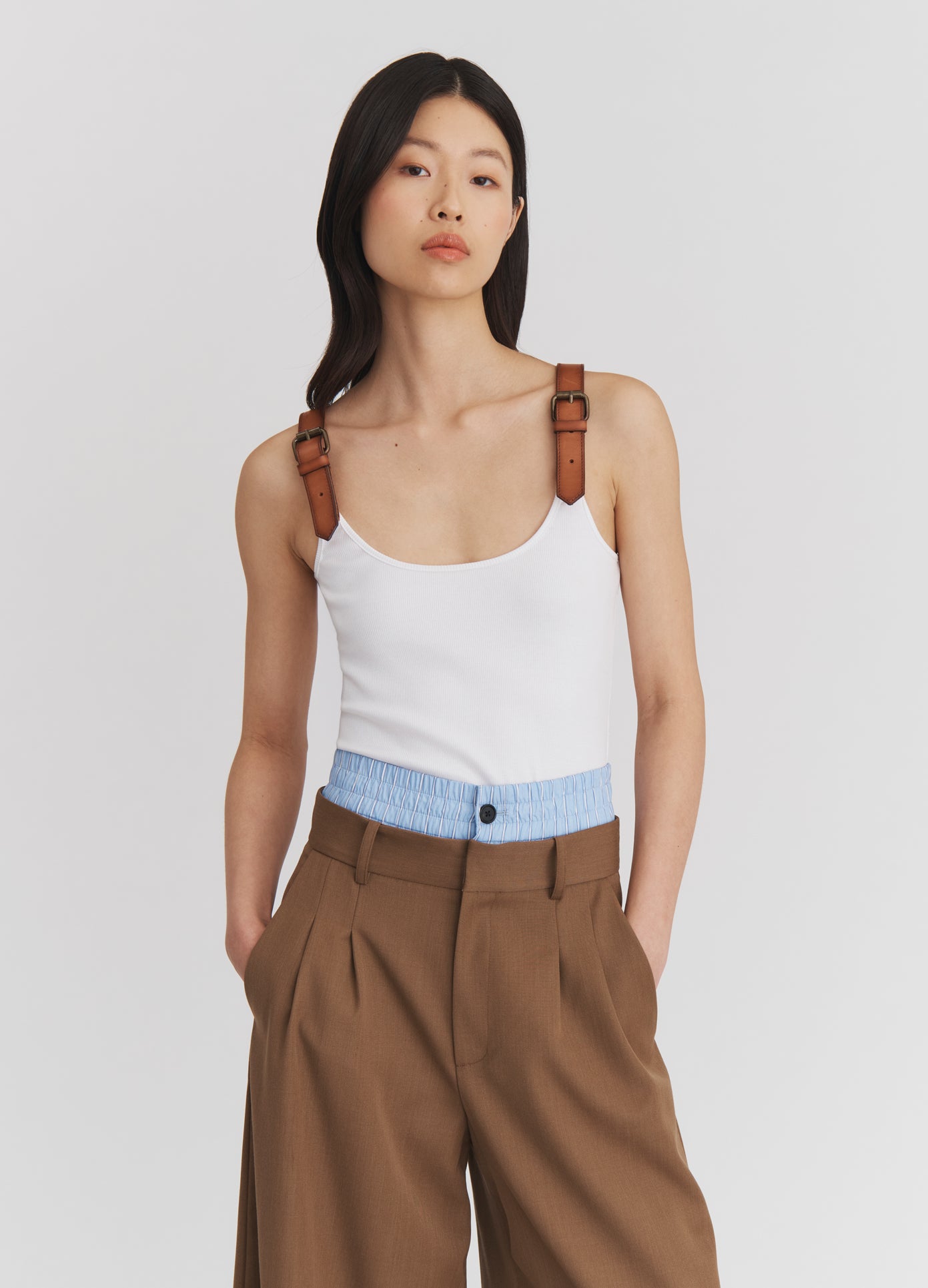 MONSE Leather Strap Tank Top in Ivory on model front view